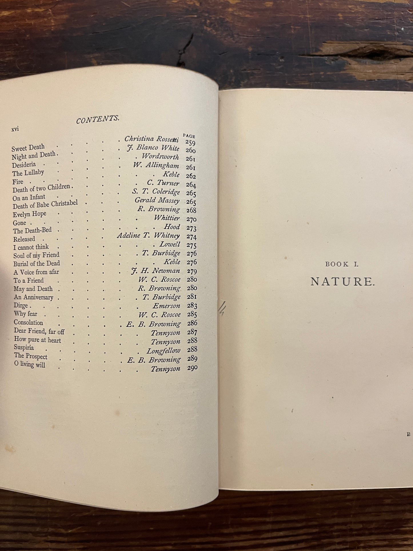 Open book showing the contents of book titled 'Poems of the Inner Life' on a wooden surface