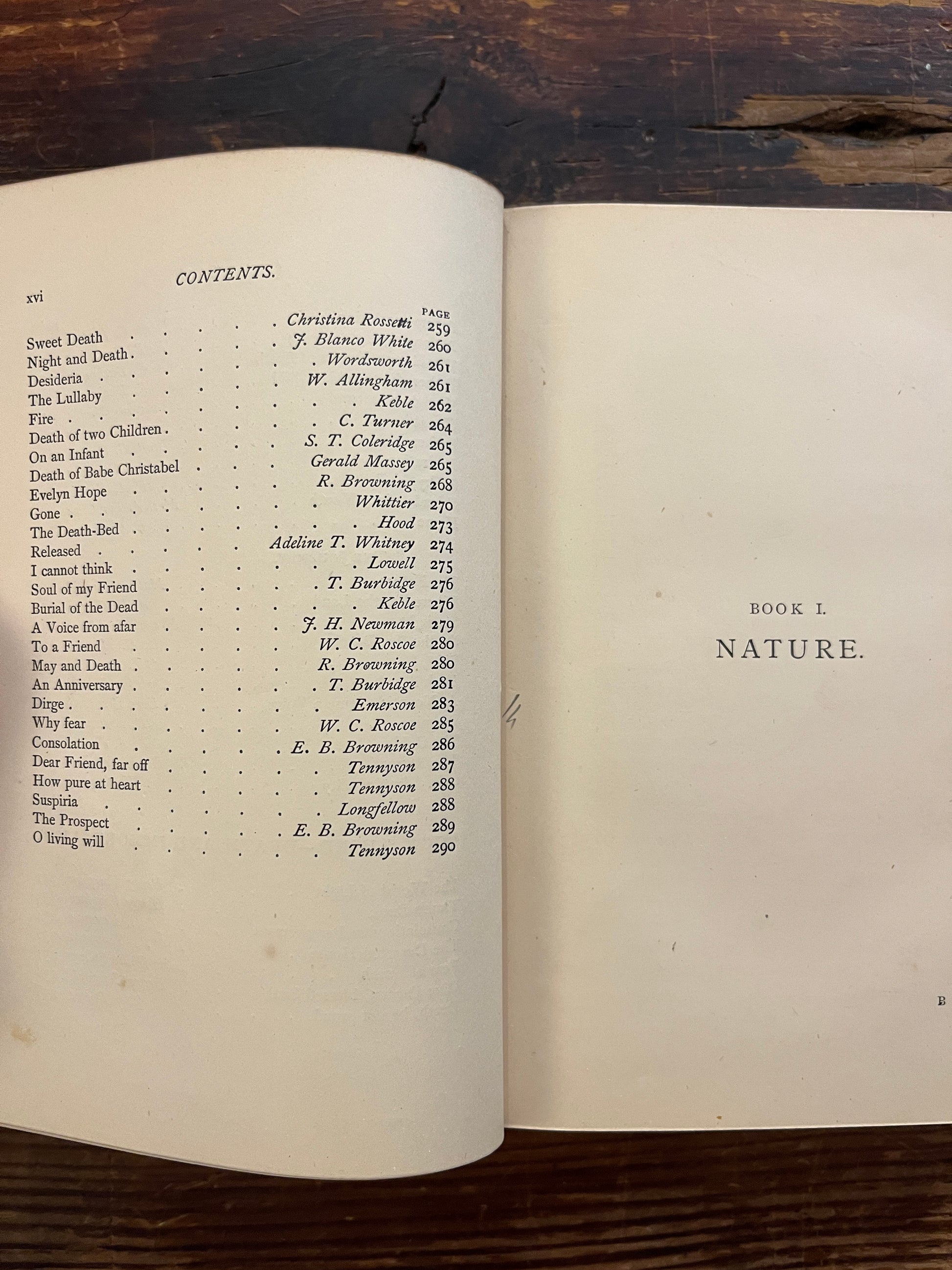 Open book showing the contents of book titled 'Poems of the Inner Life' on a wooden surface