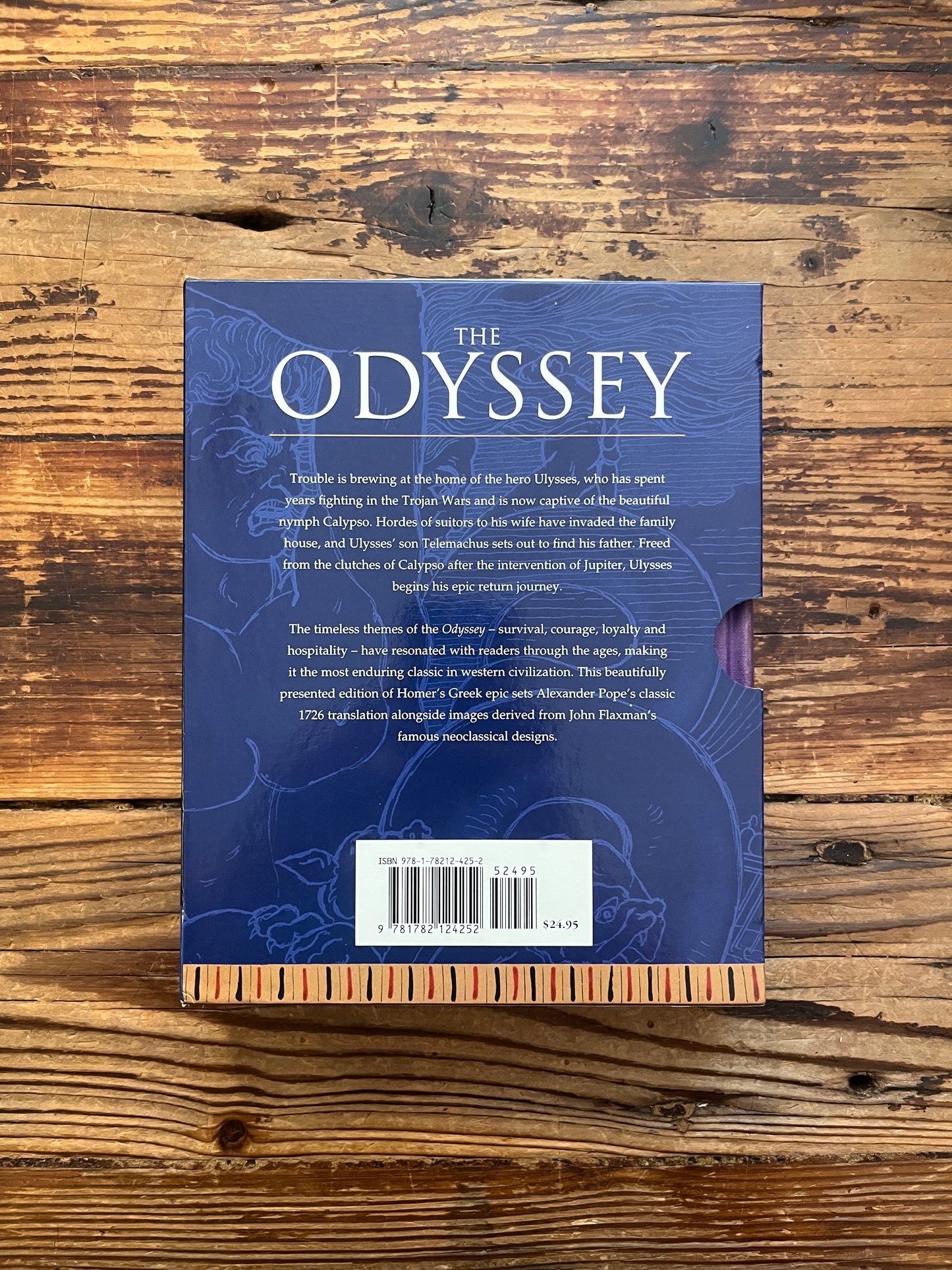 Back cover of book titled 'The Odyssey' by Homer and translated by A. Pope on a wooden surface