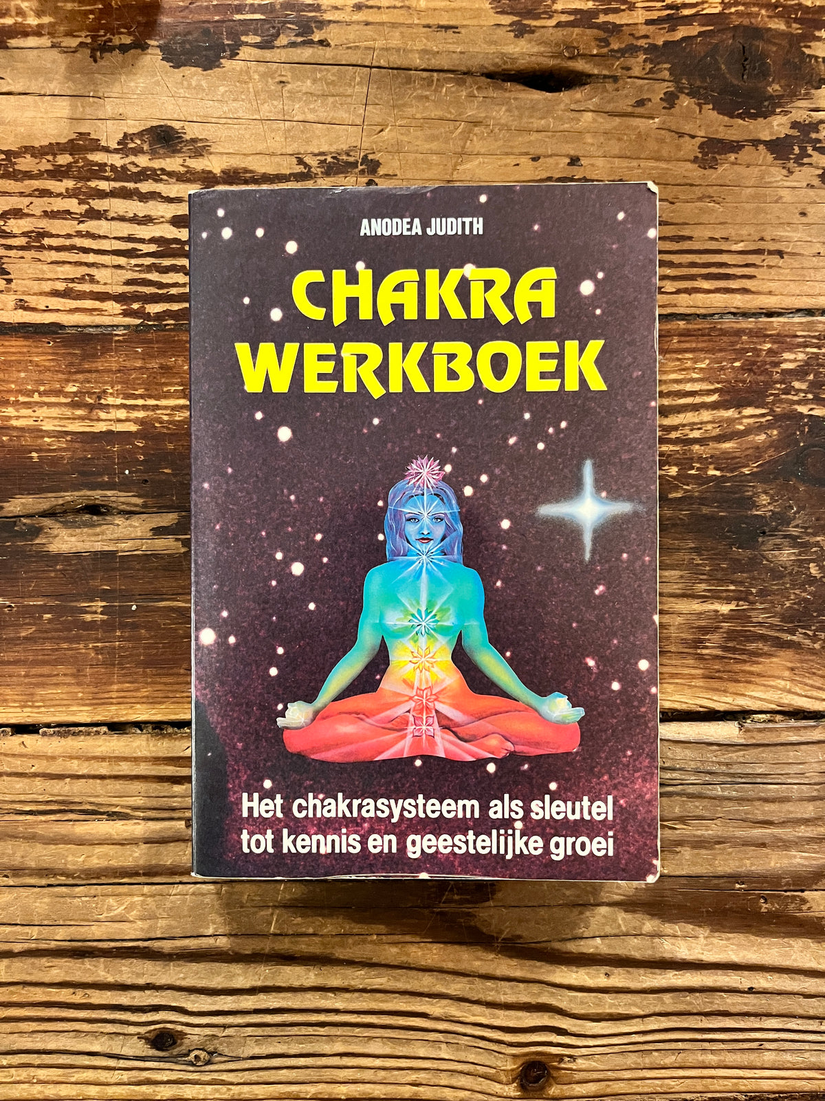 Voorkant van boek met de titel 'Chakra werkboek' door Andrea Judith op een houten achtergrond 
