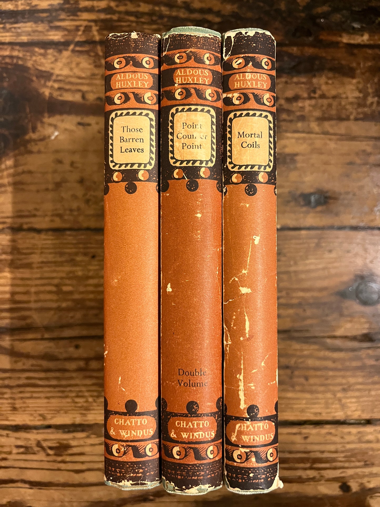 photo of the spine from three books by Aldoux Huxley