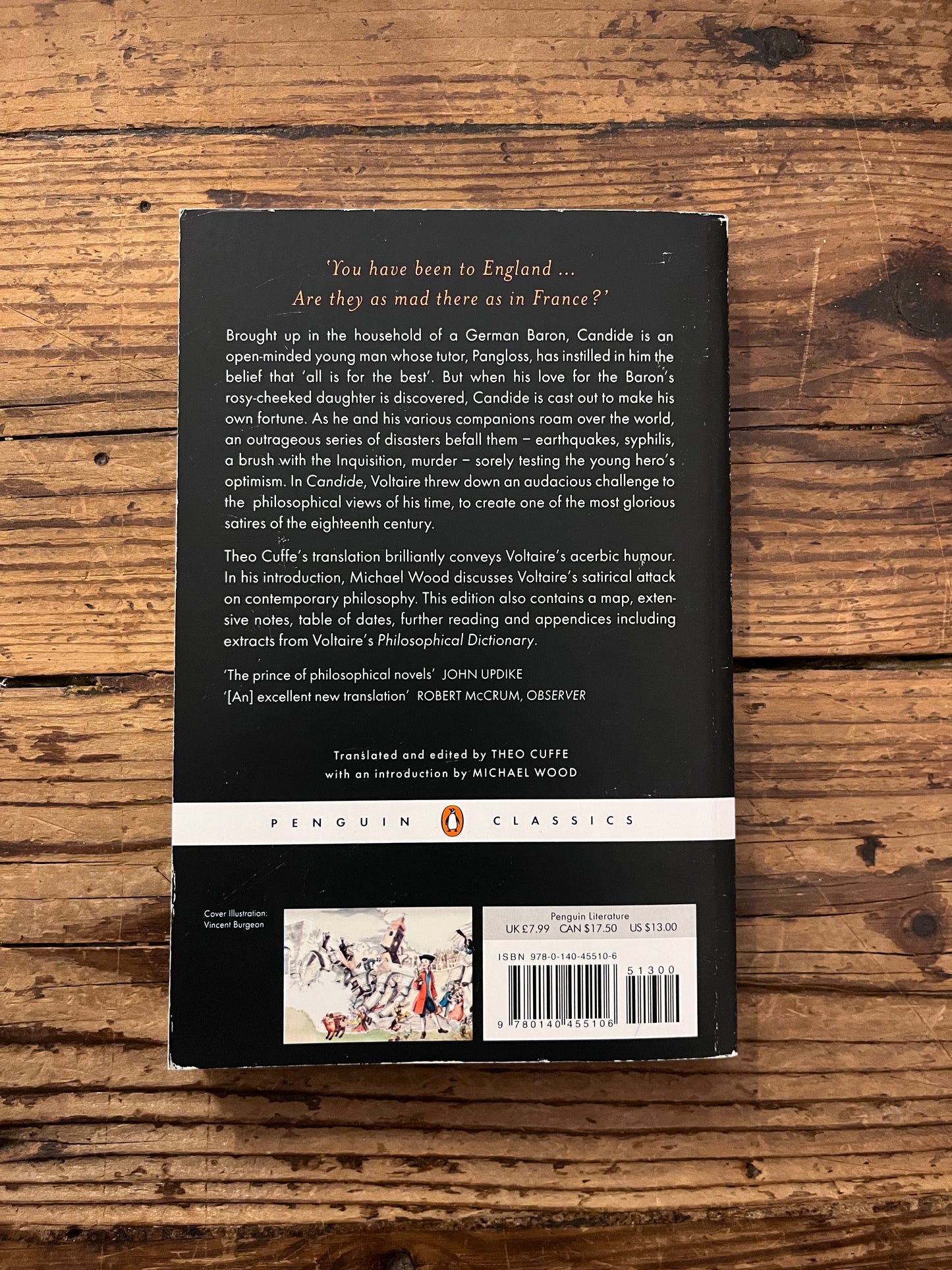 photo of the backcover of the book "Candide or optimism"on a wooden background