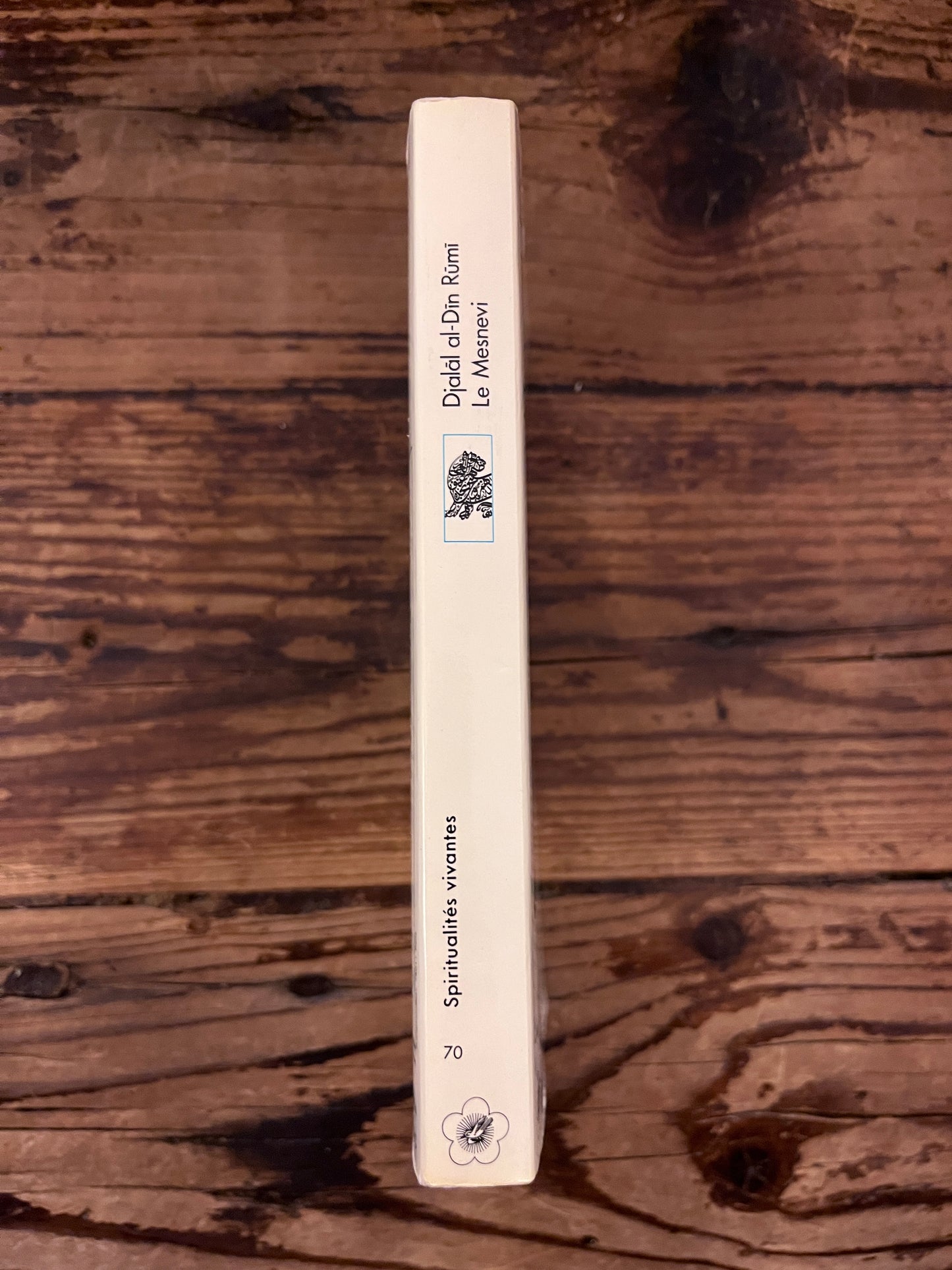 photo de la tranche du livre "150 contes soufis"sur fond de bois