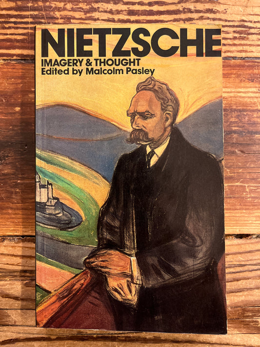Book cover of 'Nietzsche: Imagery & Thought' on a wooden surface