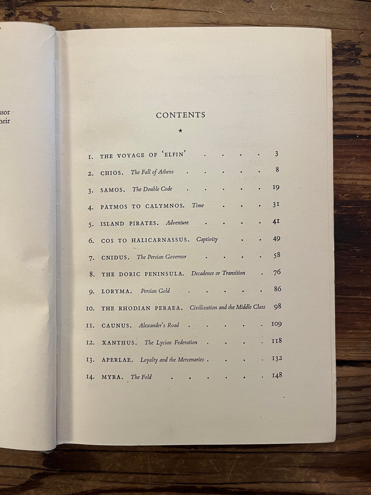 Open book showing the contents of book titled 'The Lycian Shore' by Freya Stark on a wooden surface