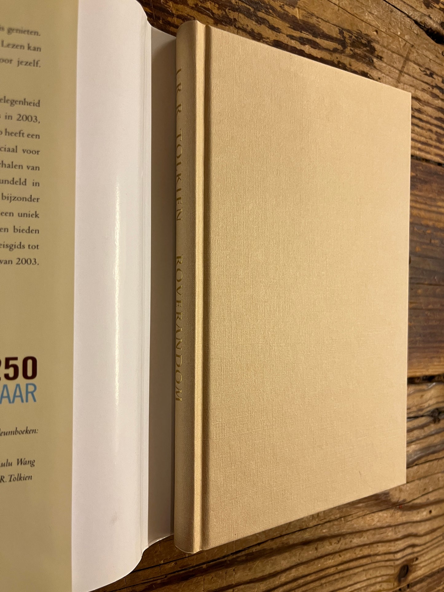 boek zonder stof omslag van boek met de titel 'Roverandom' door J.R.R. Tolkien op een houten achtergrond 