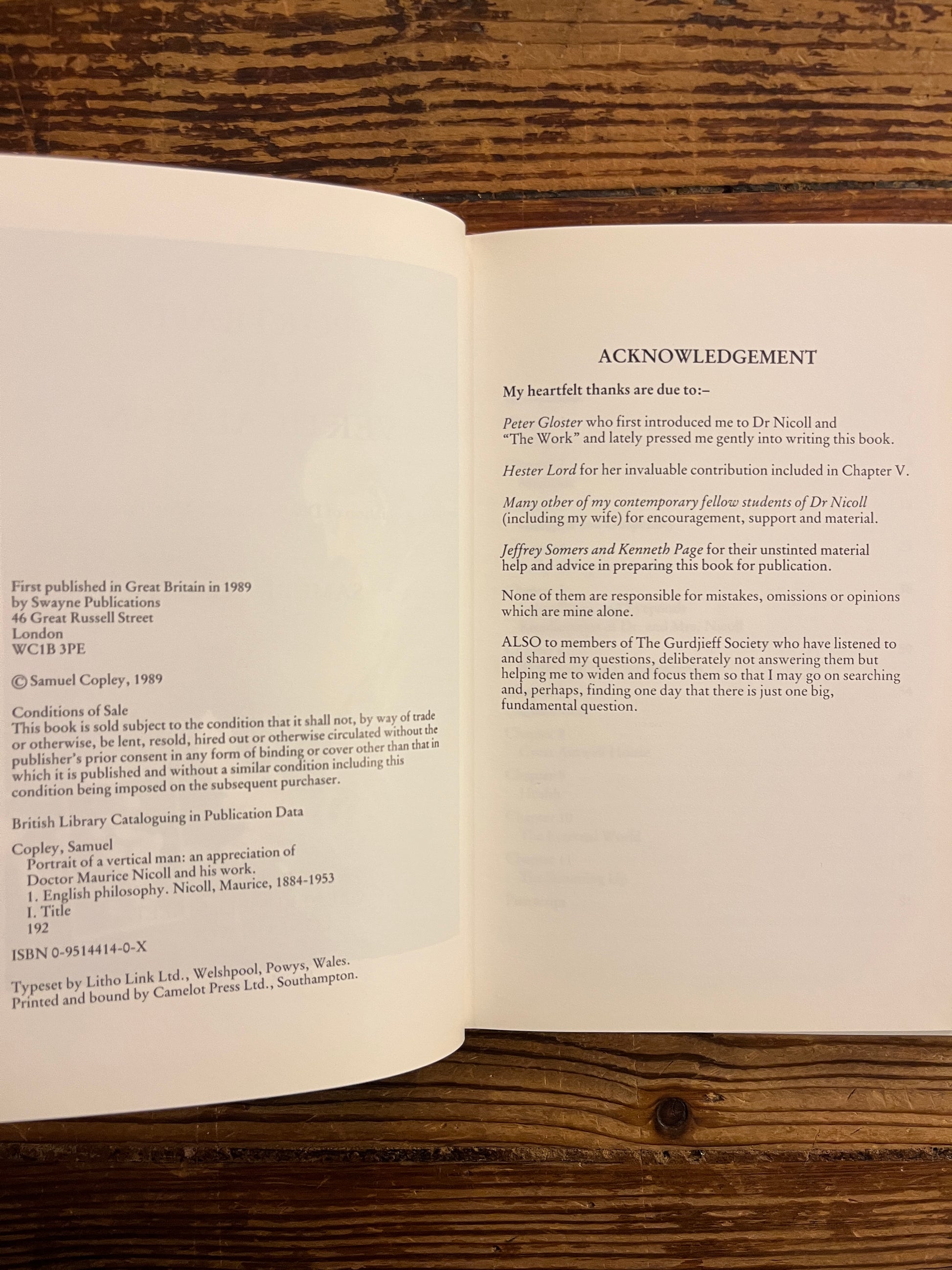 Open Book titled 'Portrait of a Vertical Man' on a wooden surface 