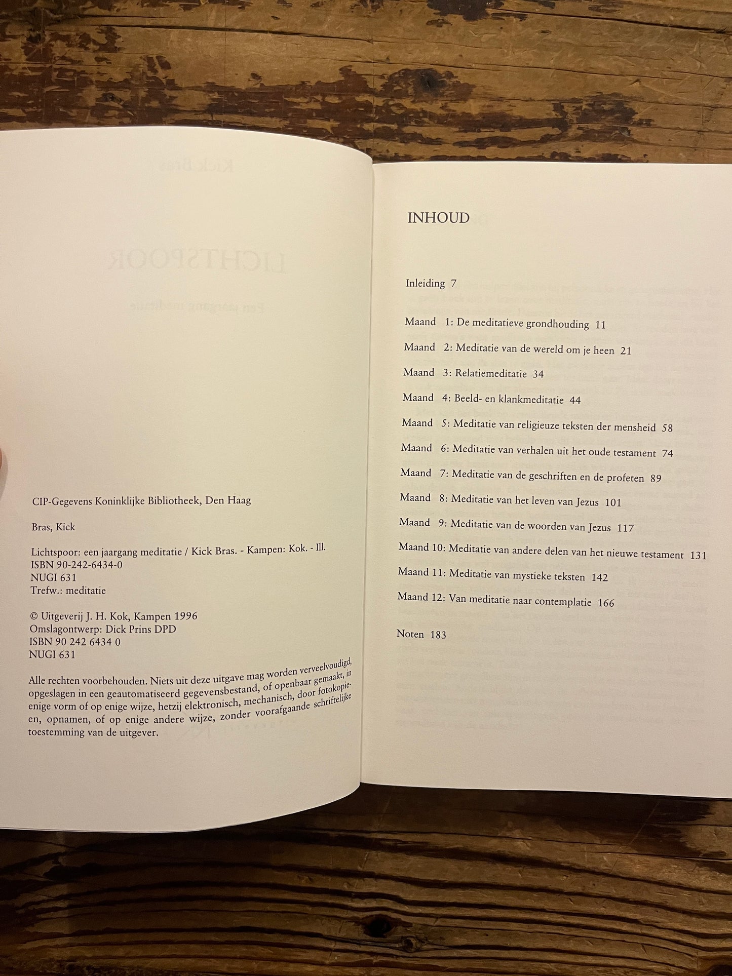 Open boek 'lichtspoor' door Kick Bras op een houten achtergrond 