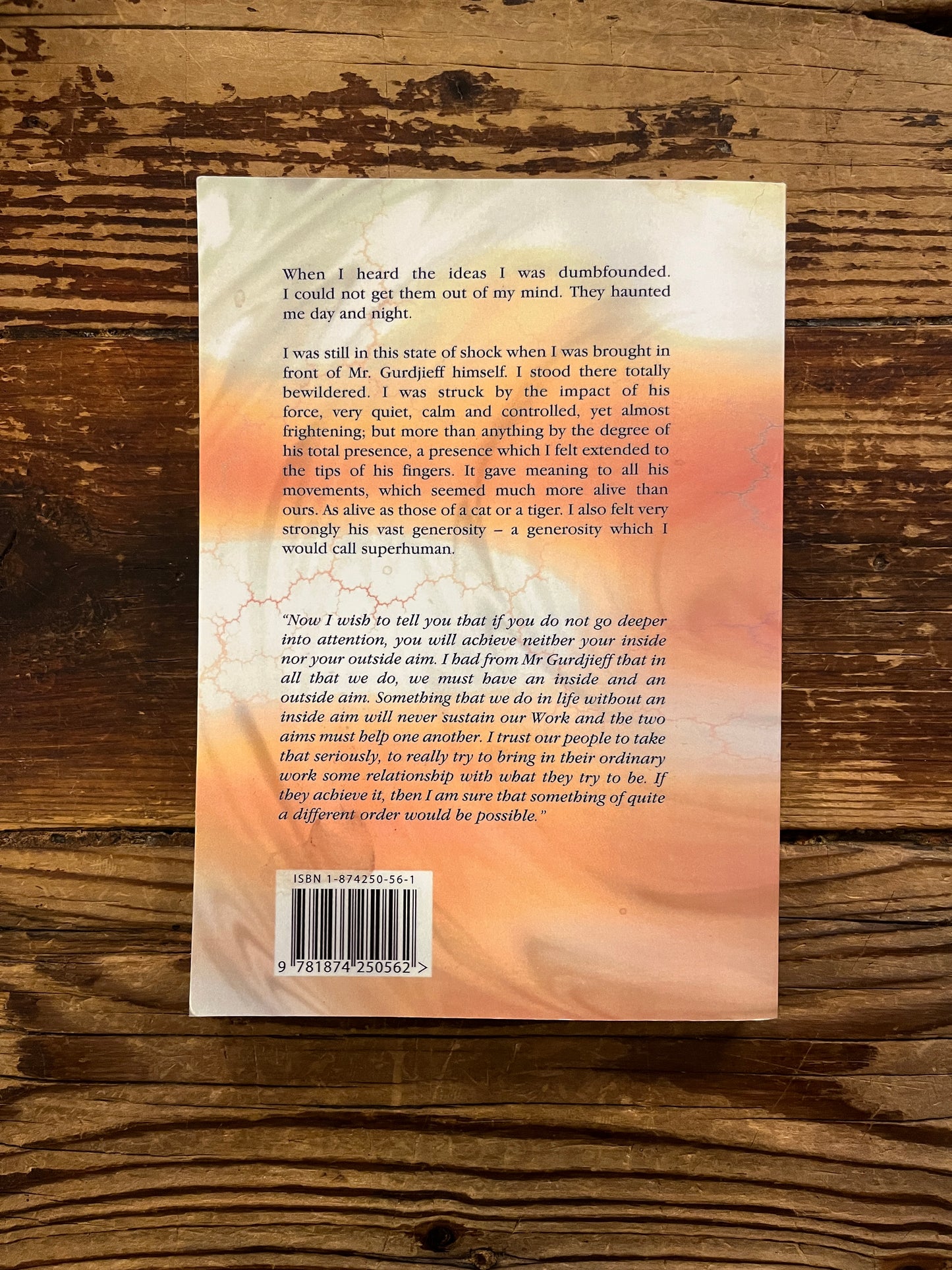 Back cover of book titled 'Inside a Question' by Henriette Lannes on a wooden surface