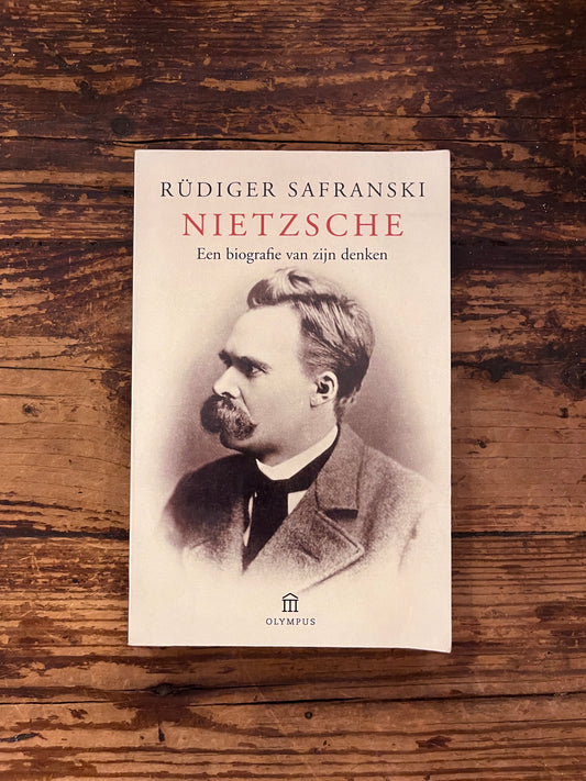 foto van de omslag van het boek "nietzsche een biografie van zijn denken" op een houten achtergrond