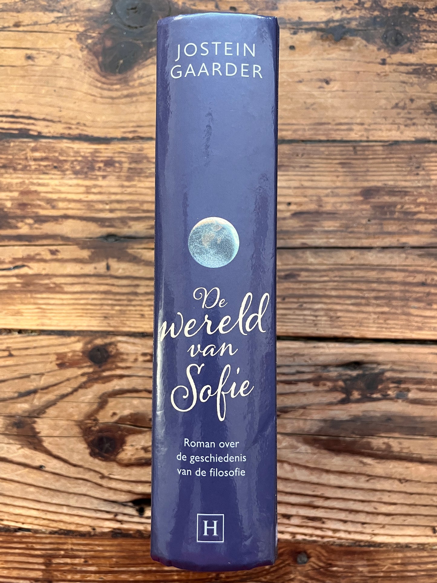 foto van de rug van het boek "de wereld van sofie" op houten achtergrond 