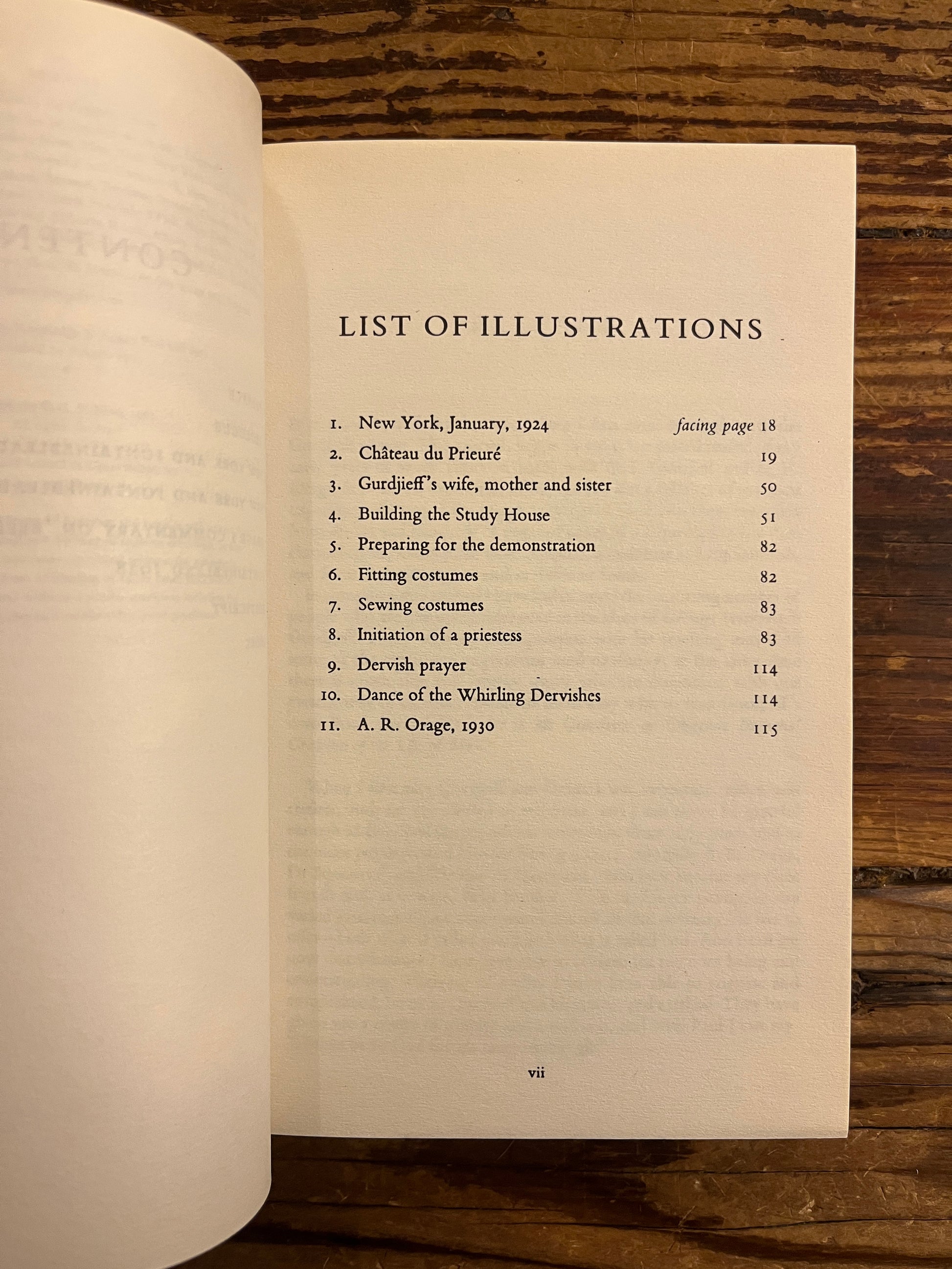Open book titled 'Teachings of Gurdjieff: A Pupil's Journal' by C.S. Nott showing a list of illustrations on a wooden surface