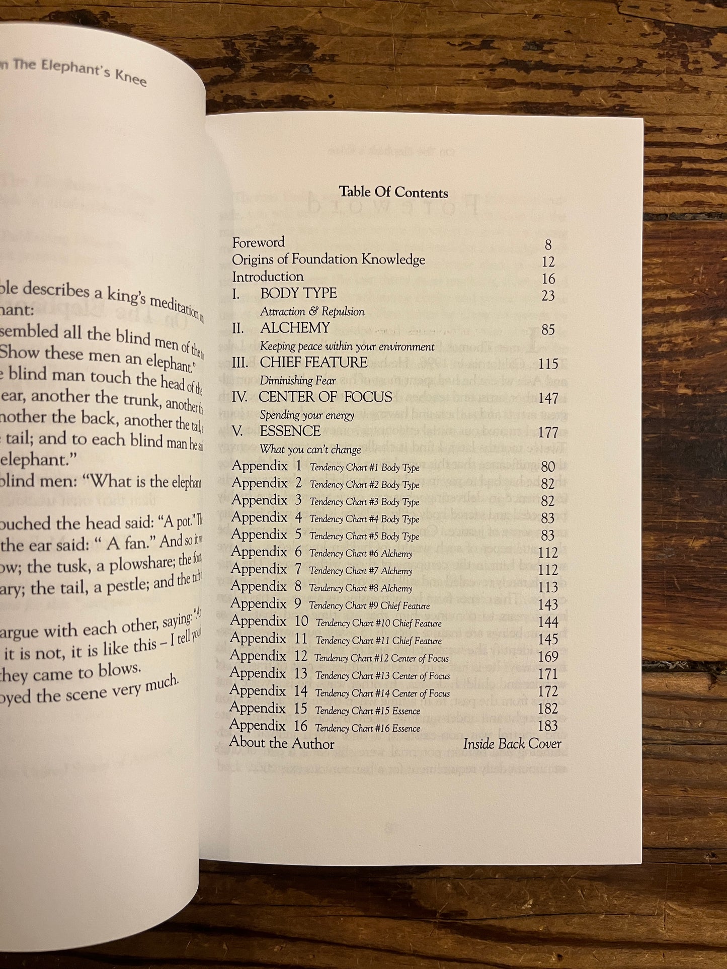 Content page of book titled 'On the Elephant's Knee' on a wooden surface