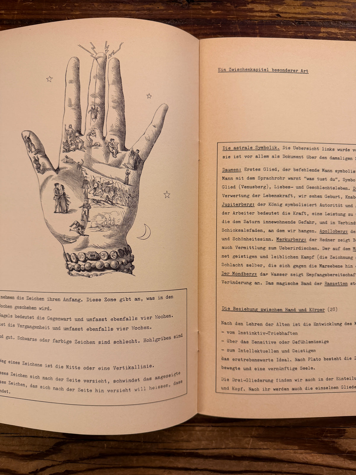 Open paperback with illustrations of 'Simmen's Portfolio No. 1: Die glückliche Hand' on a wooden background 