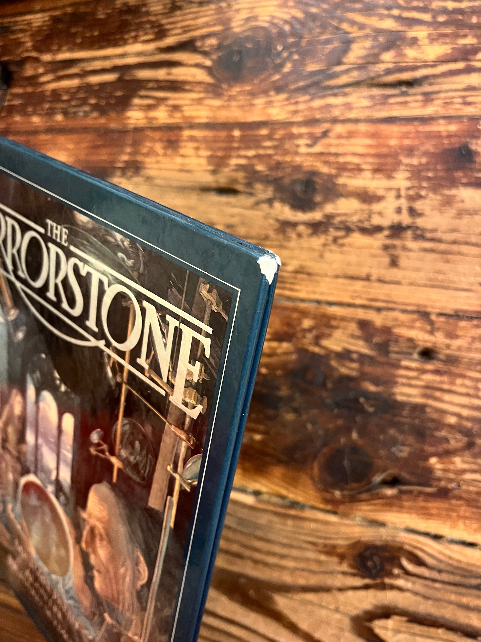 Book titled 'The Mirrorstone' on a wooden surface showing a damaged corner