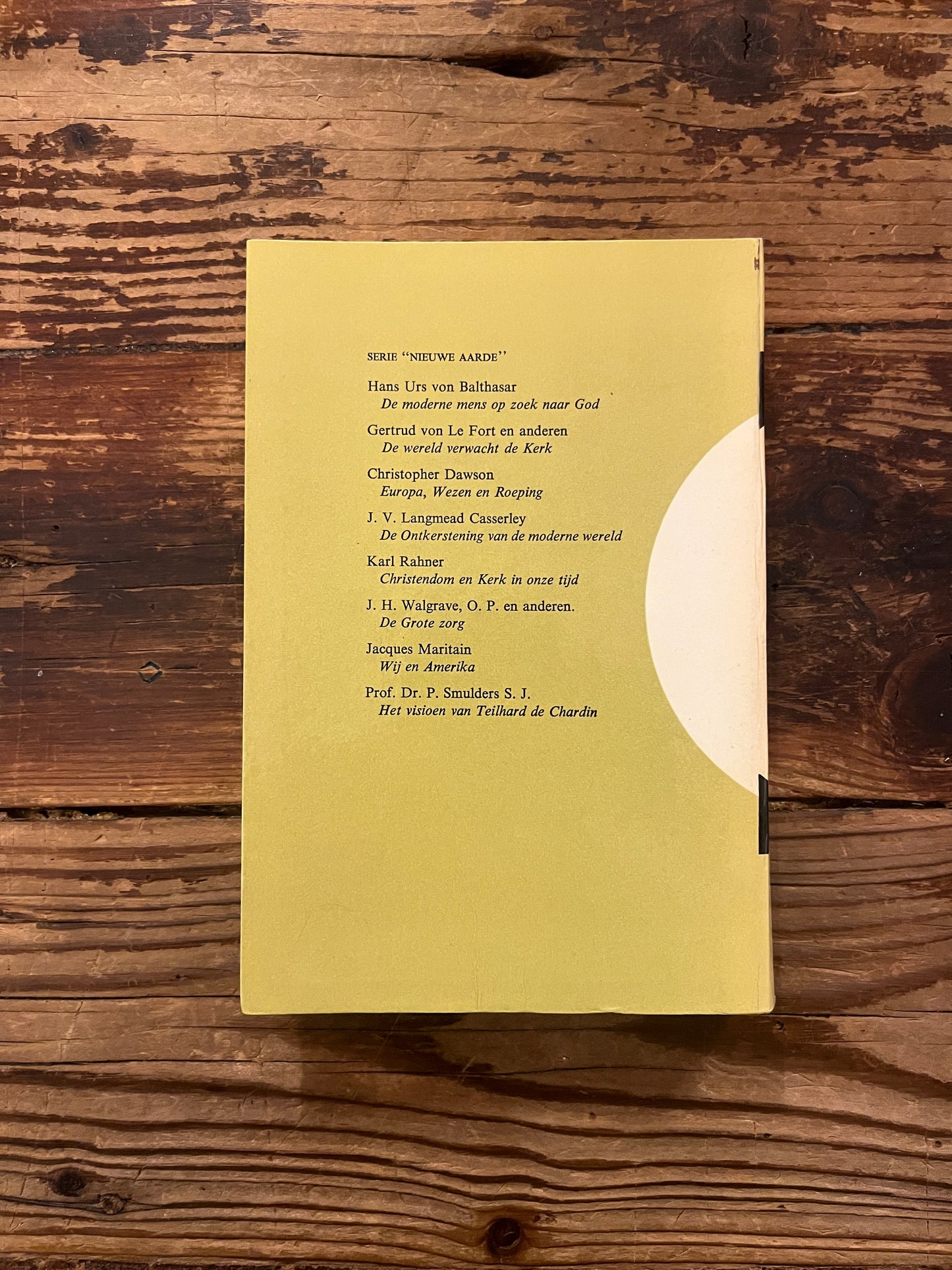 Achterkant van het boek 'het visioen van Teilhard de Chardin' op een houten achtergrond