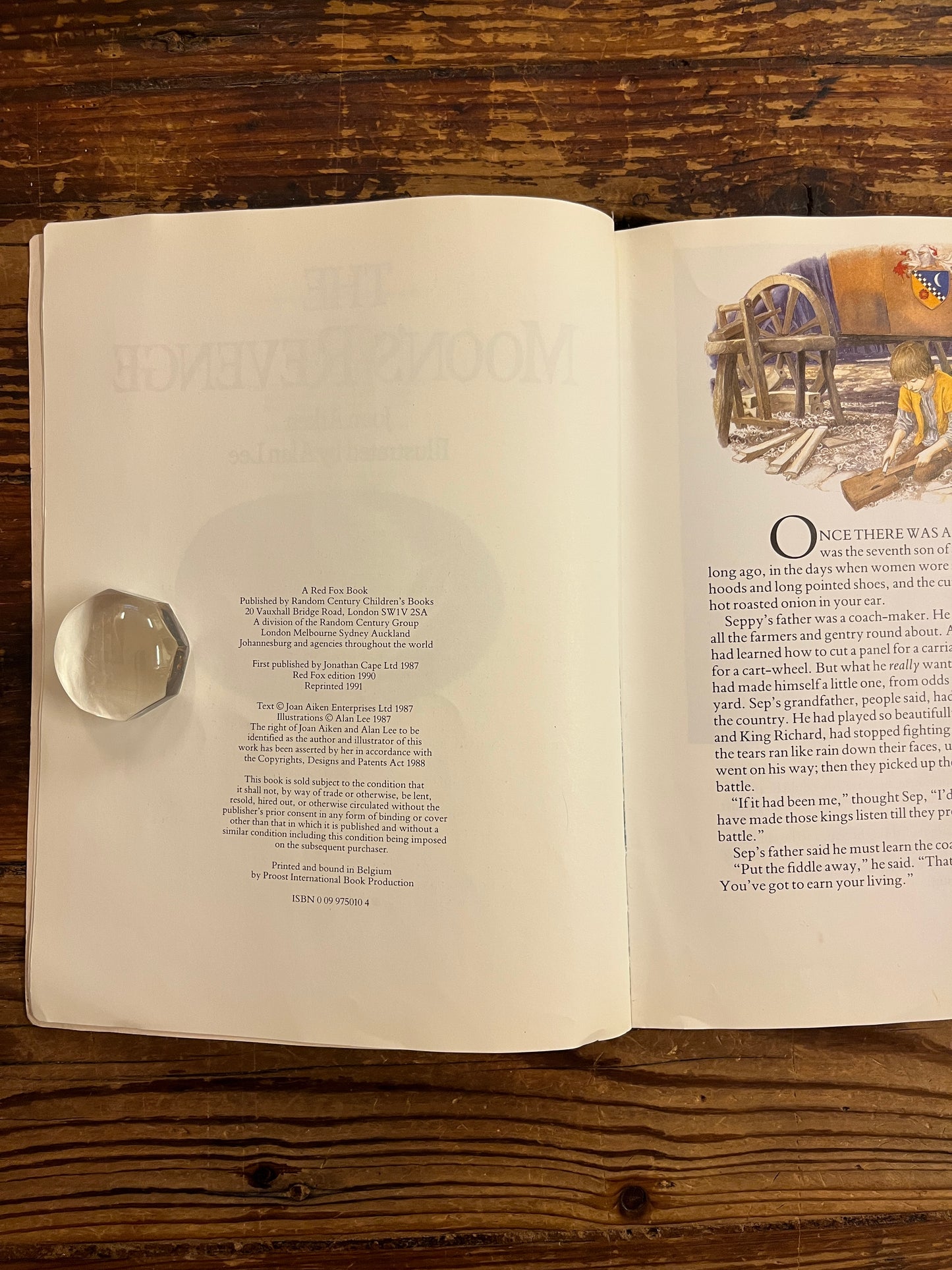 Open book with the title 'the moon's revenge' on a wooden surface