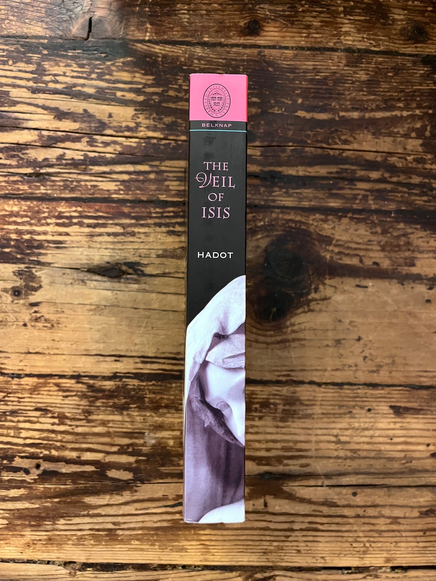 photo of the spine of the book "the veil of isis" on a wooden background