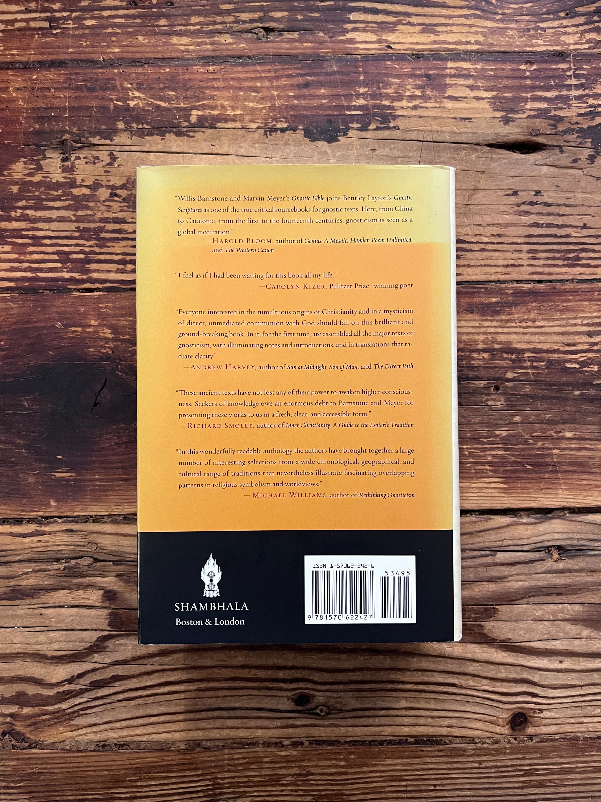 Back  cover of book titled 'he Gnostic Bible' edited by Willis Barnstone and Marvin Meyer, on a wooden surface