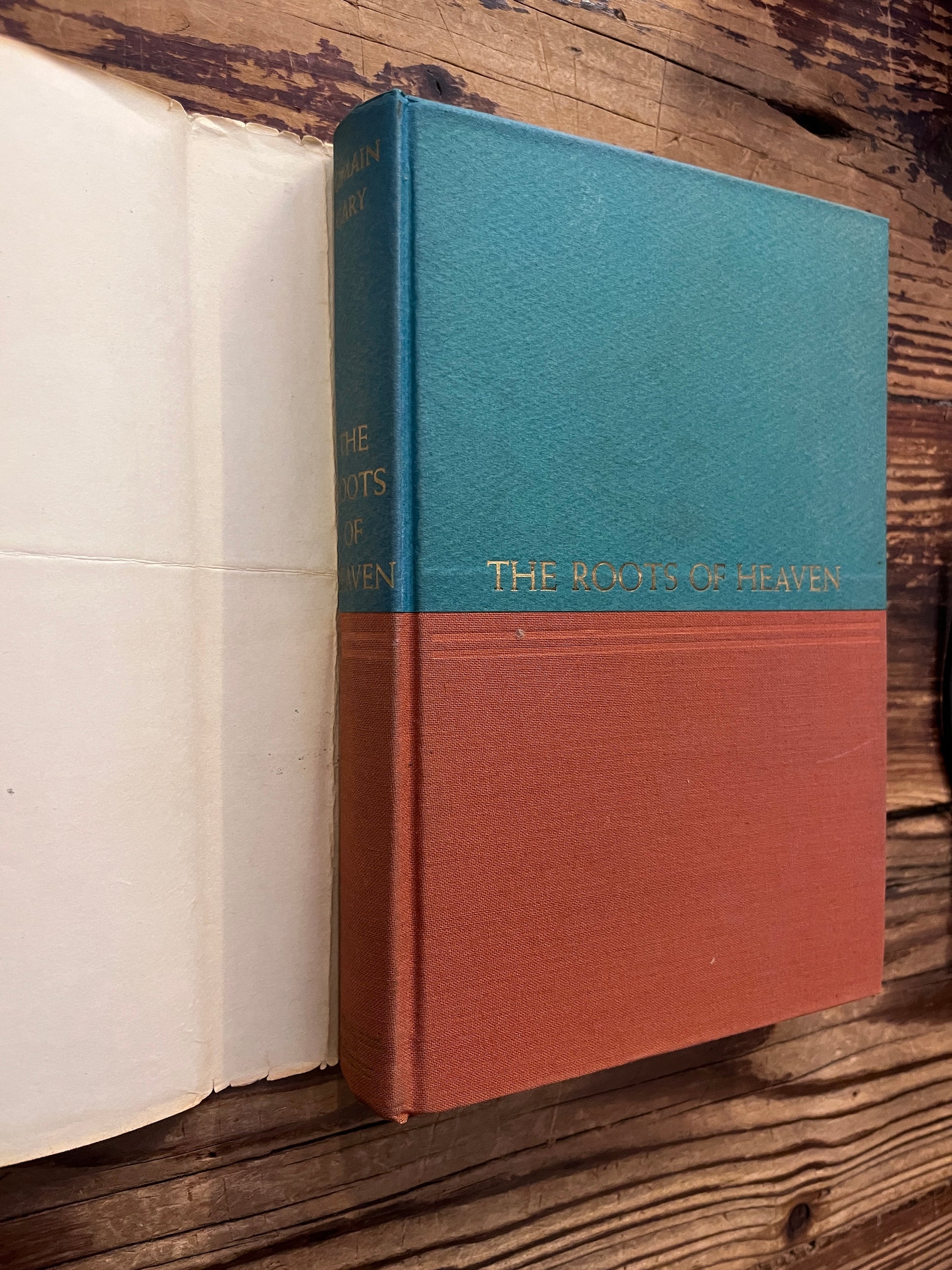 Book titled 'The Roots of Heaven' by Romain Gary on a wooden surface