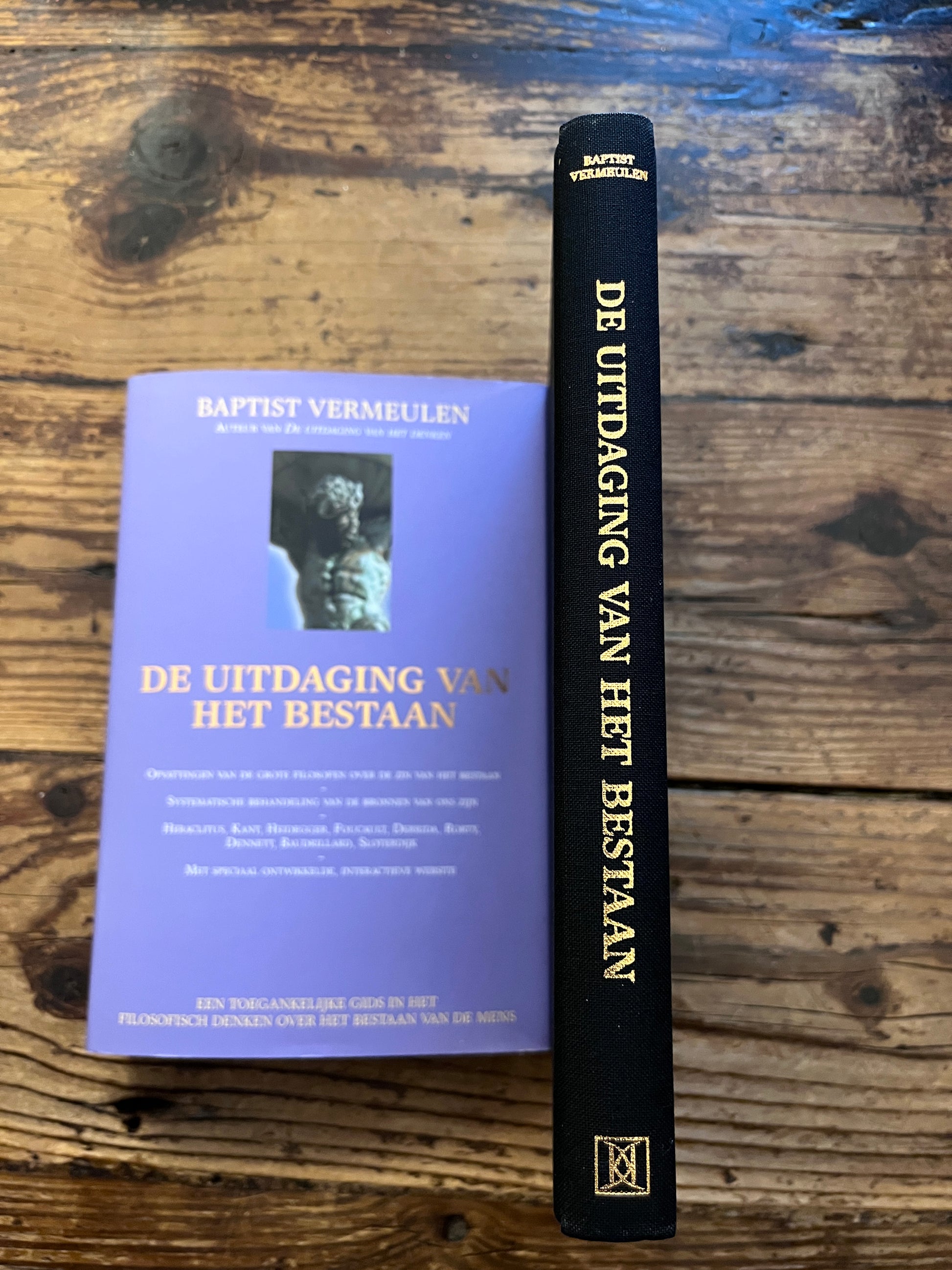 foto van de rug van het boek "De uitdaging van het bestaan"op houten achtergrond