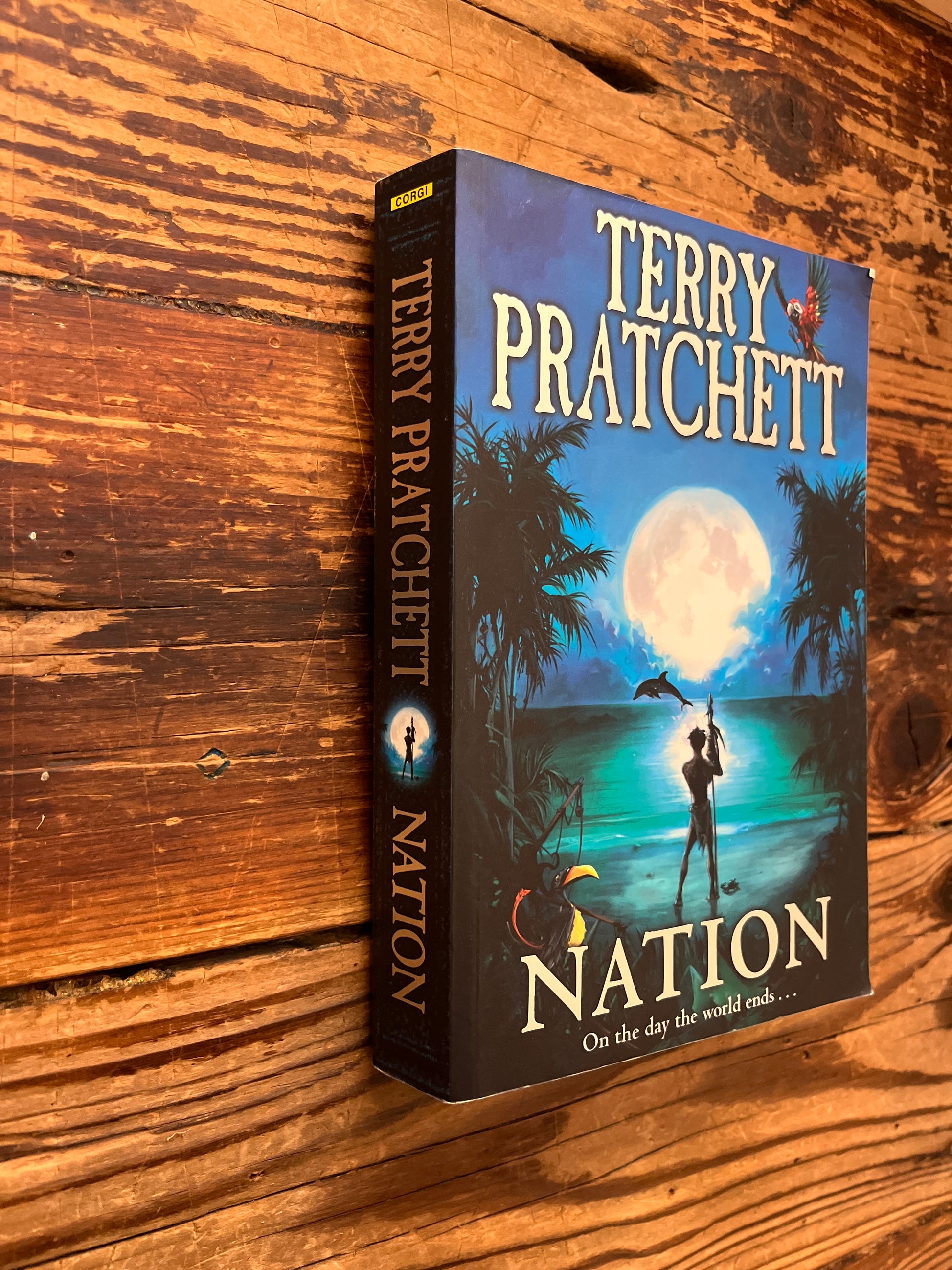 Spine and front cover of book titled 'Nation' by Terry Pratchett on a wooden surface