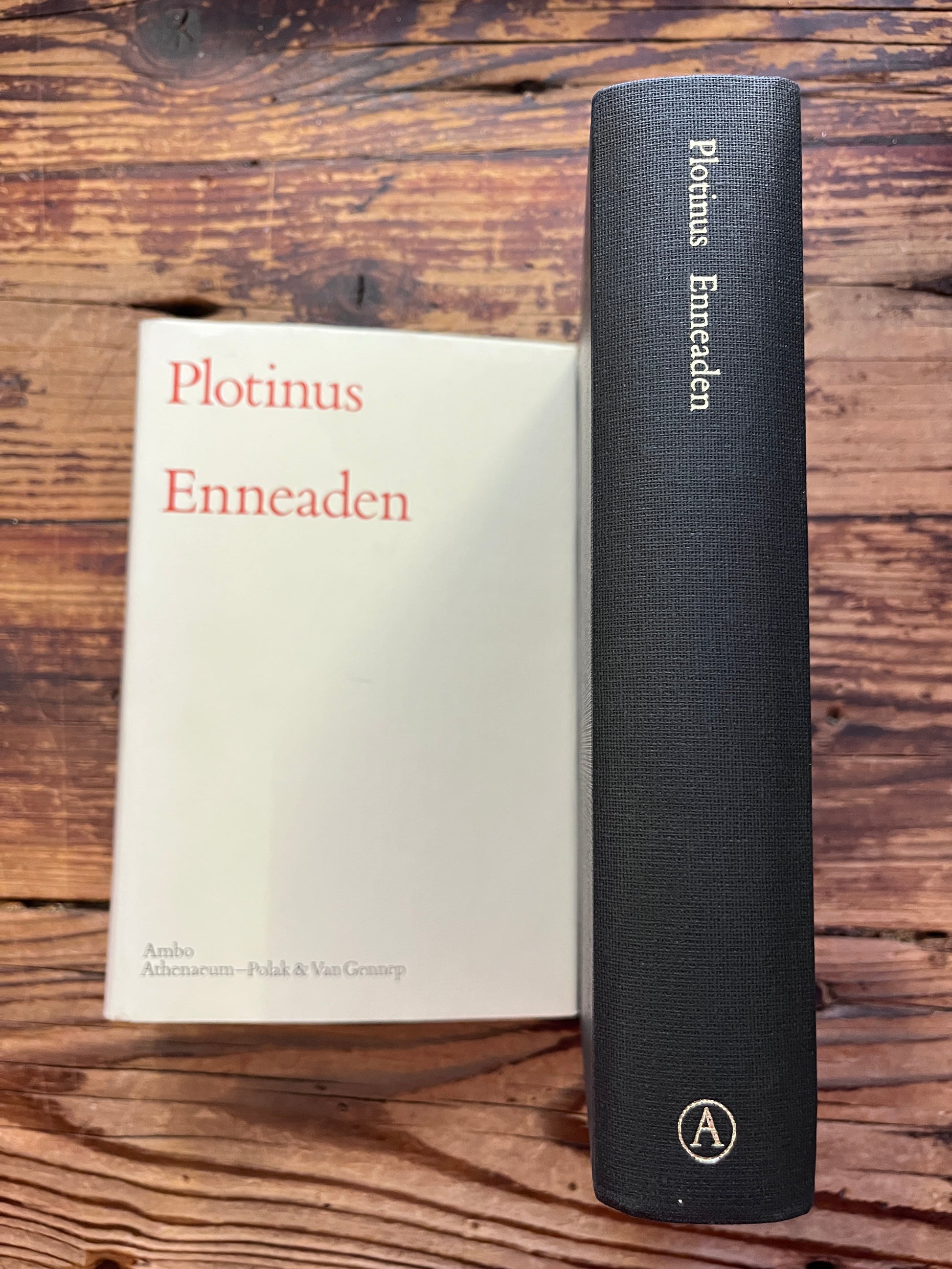 foto van de rug van het boek "Enneaden" zonder dust jacket op houten achtergrond