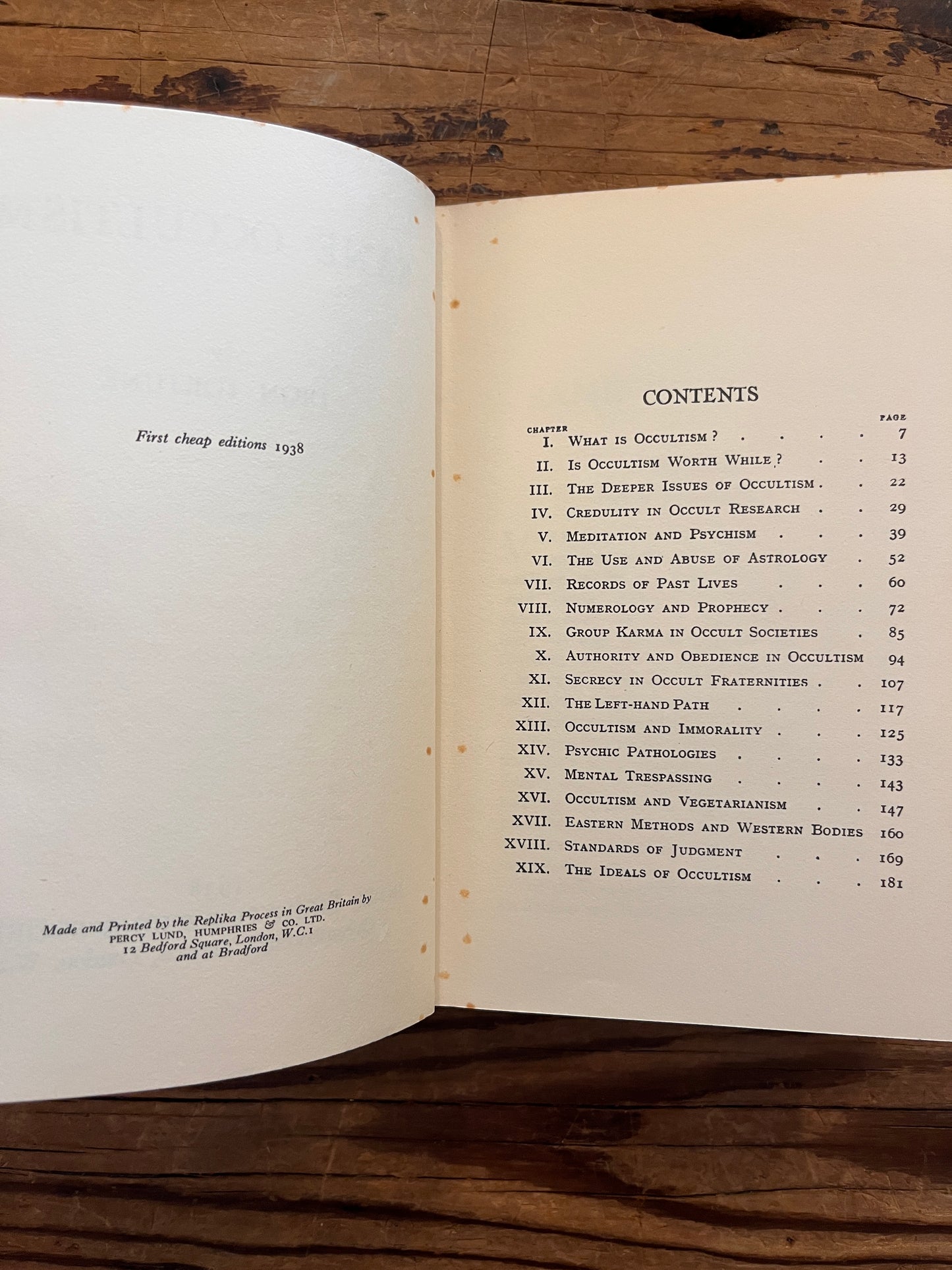 Content page of rare first cheap edition of book titled 'sane occultism' by Dion Fortune on a wooden surface 