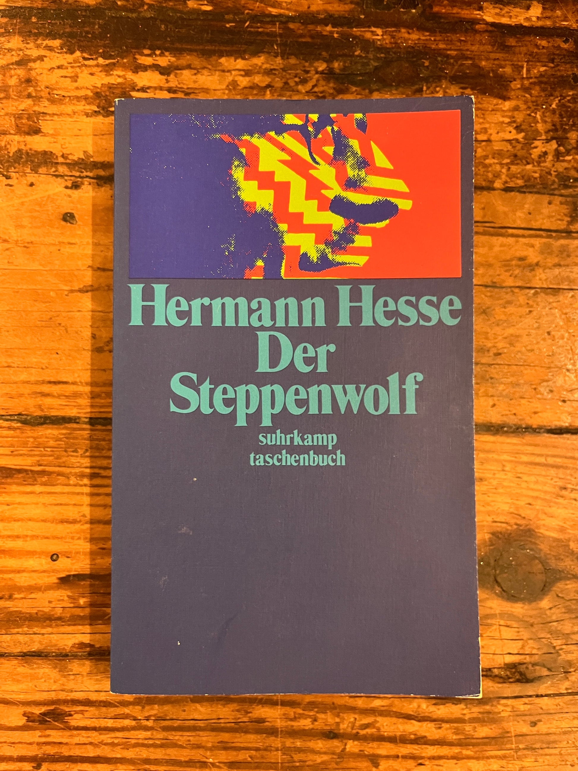 photo of the cover of the book "der steppenwolf"on a wooden background