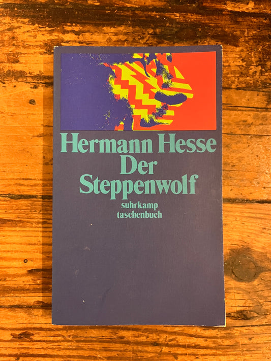 photo of the cover of the book "der steppenwolf"on a wooden background