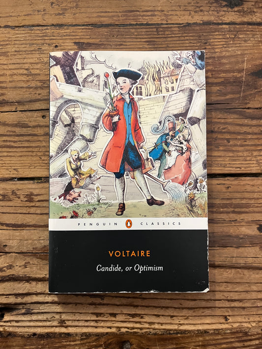 photo of the cover of the book "Candide or optimism"on a wooden background