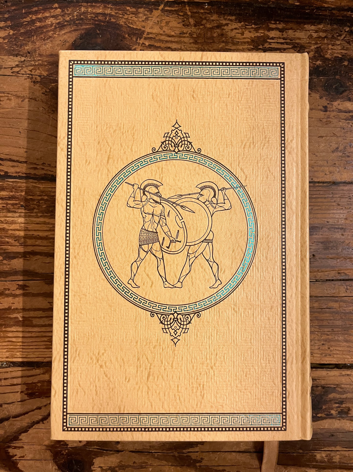 photo of the backcover of the book "the iliad anf the odyssey"on a wooden background

