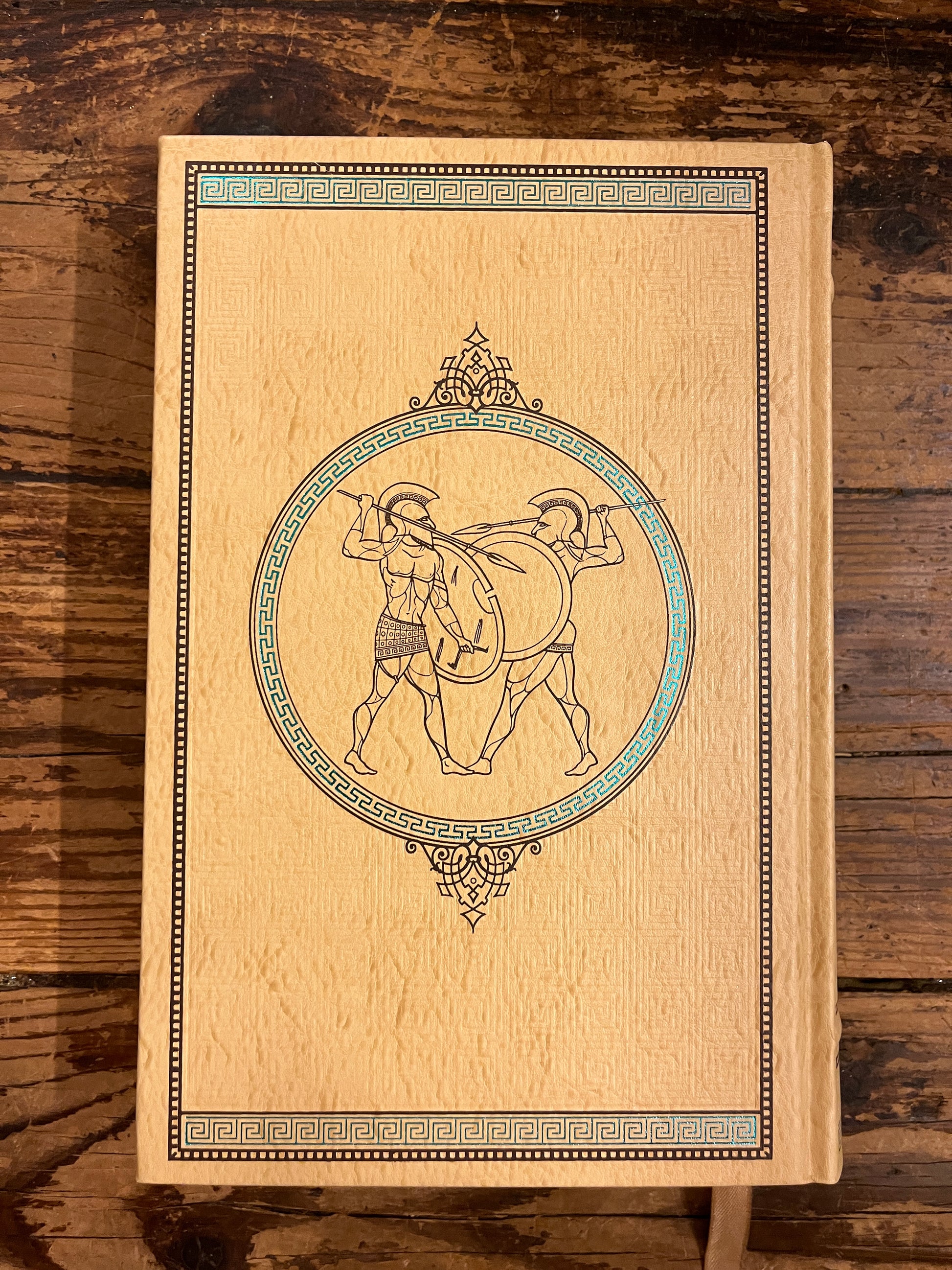 photo of the backcover of the book "the iliad anf the odyssey"on a wooden background
