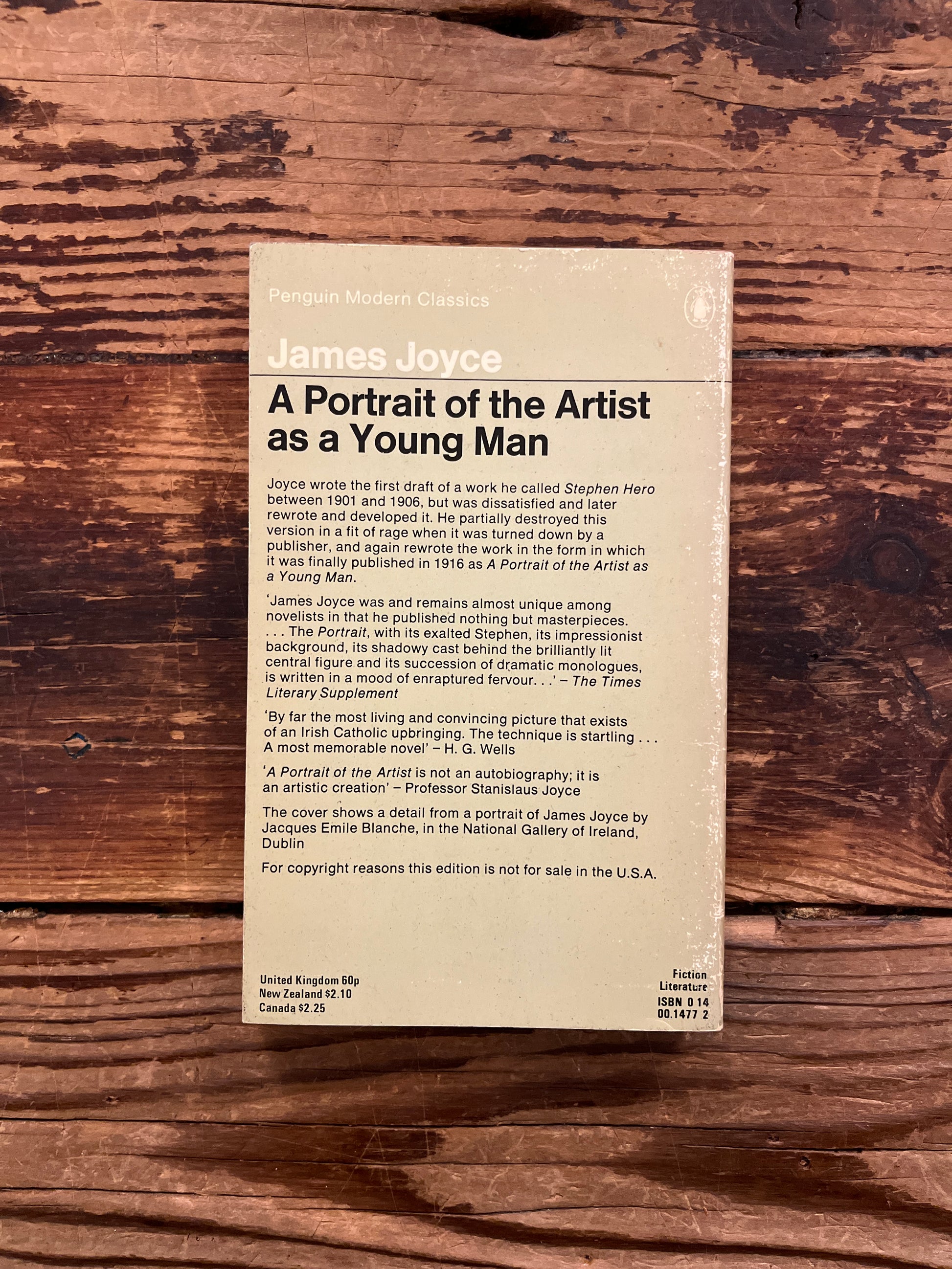 Back cover of book titled 'A Portrait of the Artist as a Young Man' by James Joyce on a wooden surface