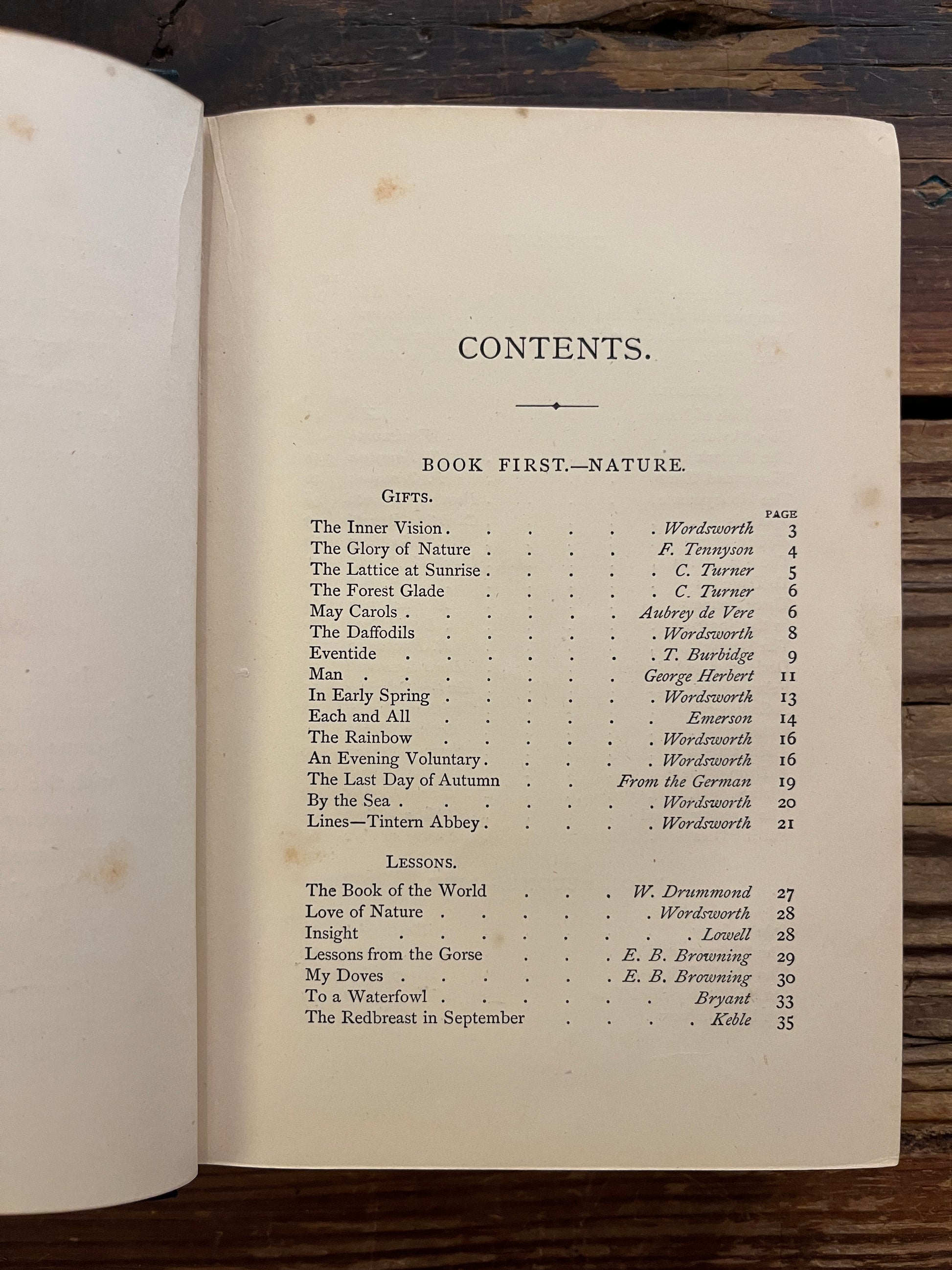 Open book showing the contents of book titled 'Poems of the Inner Life' on a wooden surface
