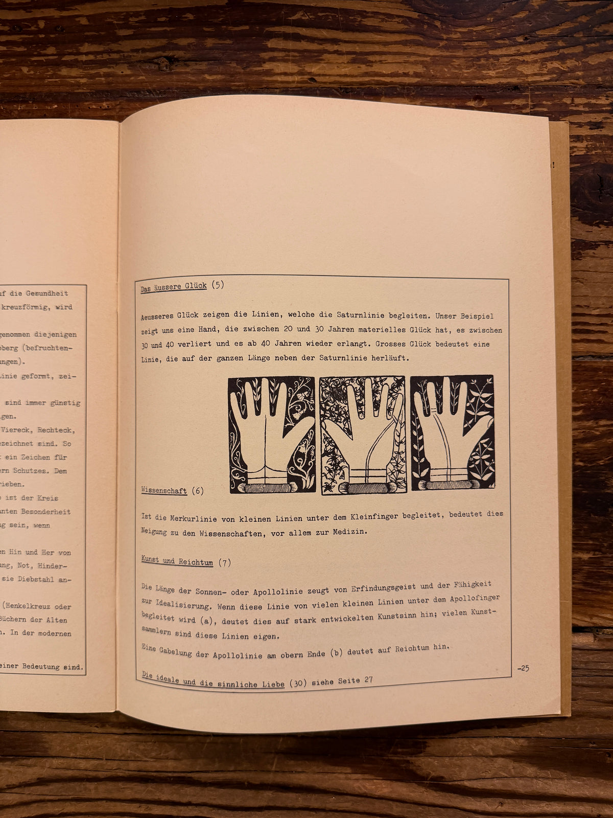 Open paperback with illustrations of  'Simmen's Portfolio No. 1: Die glückliche Hand' on a wooden background 