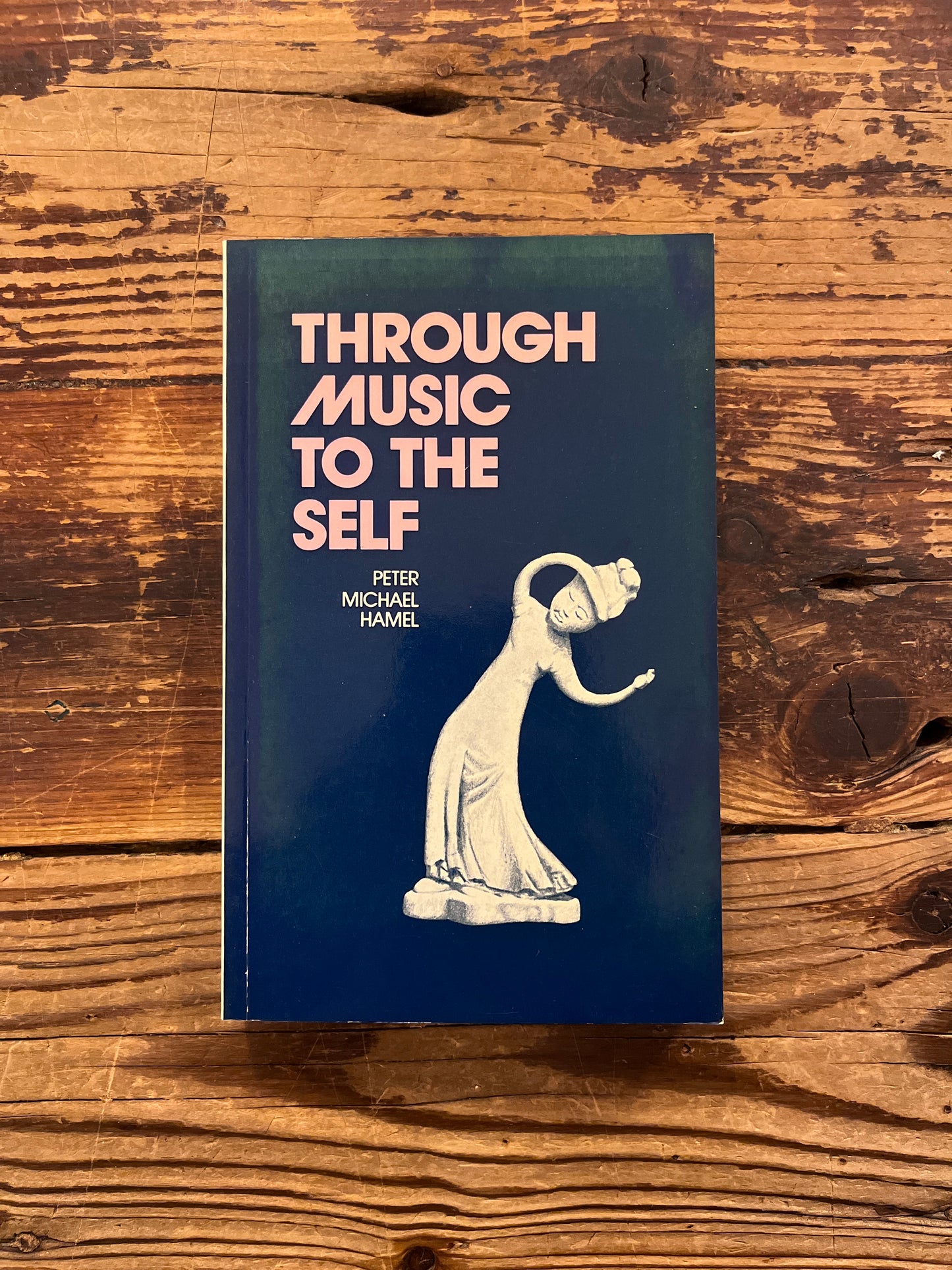 Book titled 'Through Music to the Self' by Peter Michael Hamel on a wooden surface