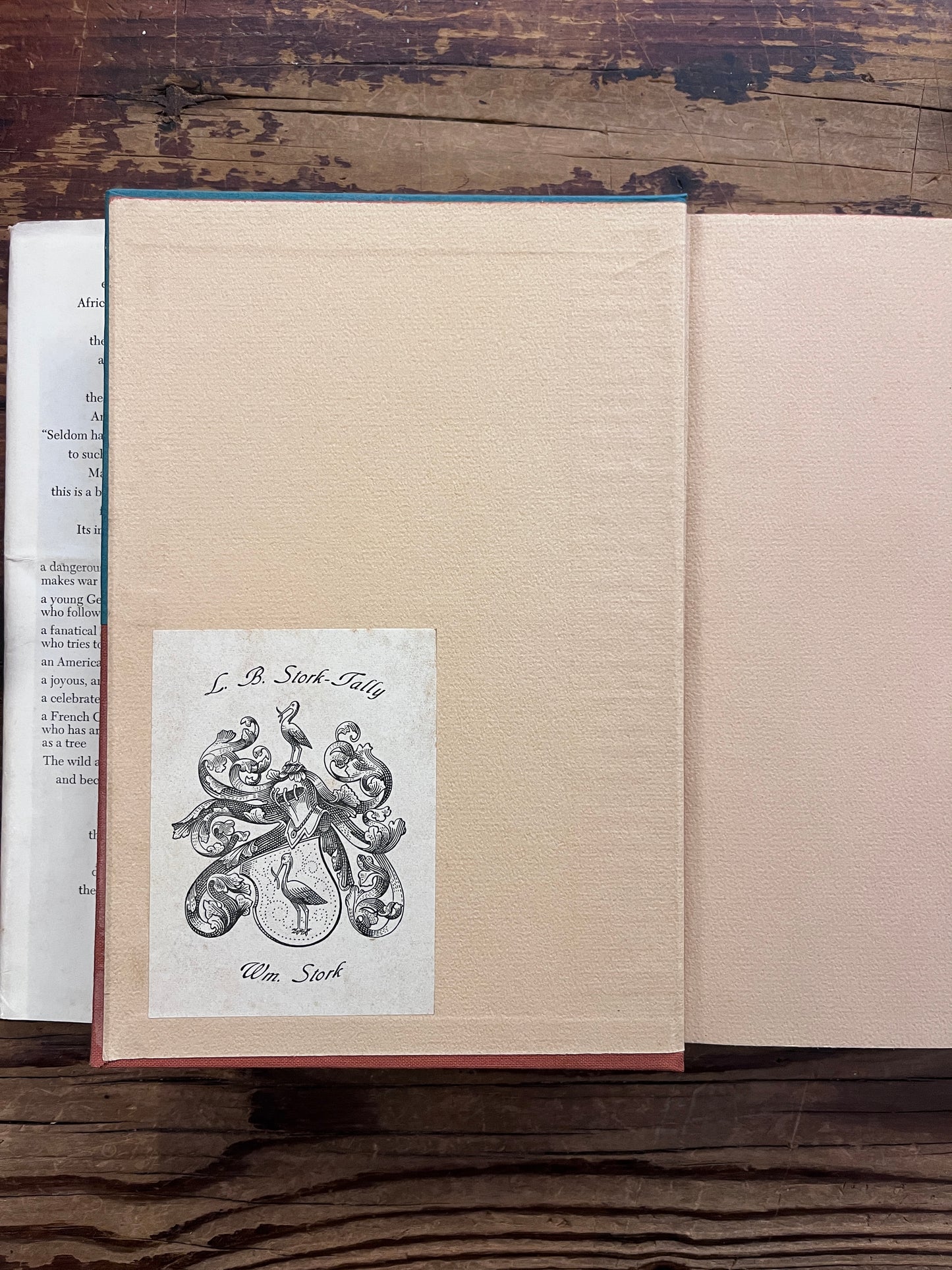 Open book titled 'The Roots of Heaven' by Romain Gary on a wooden surface