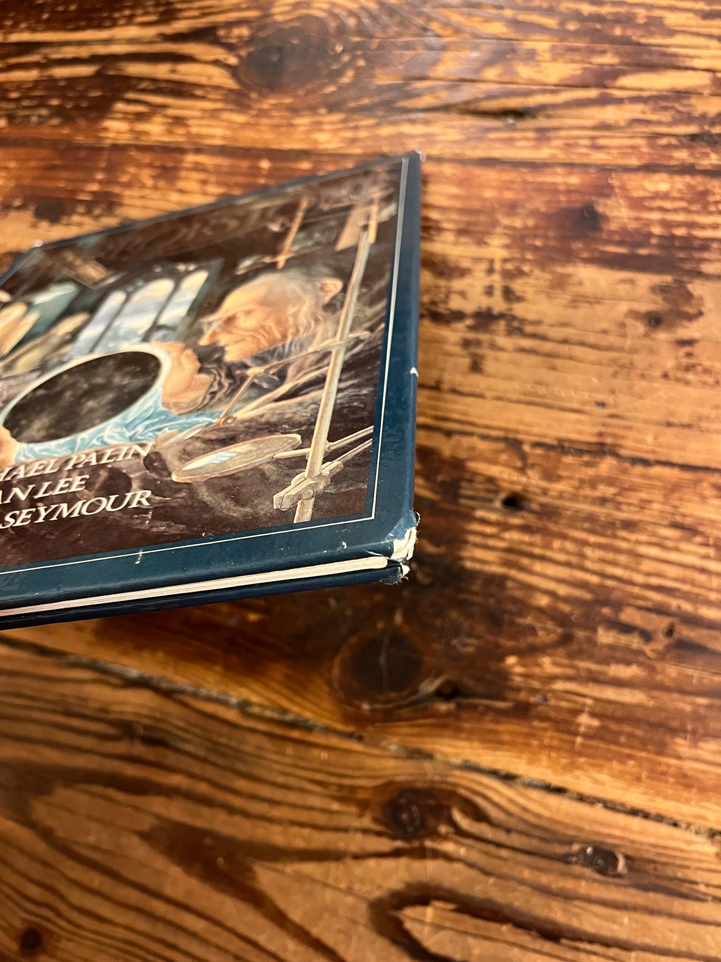 Book titled 'The Mirrorstone' on a wooden surface showing a damaged corner