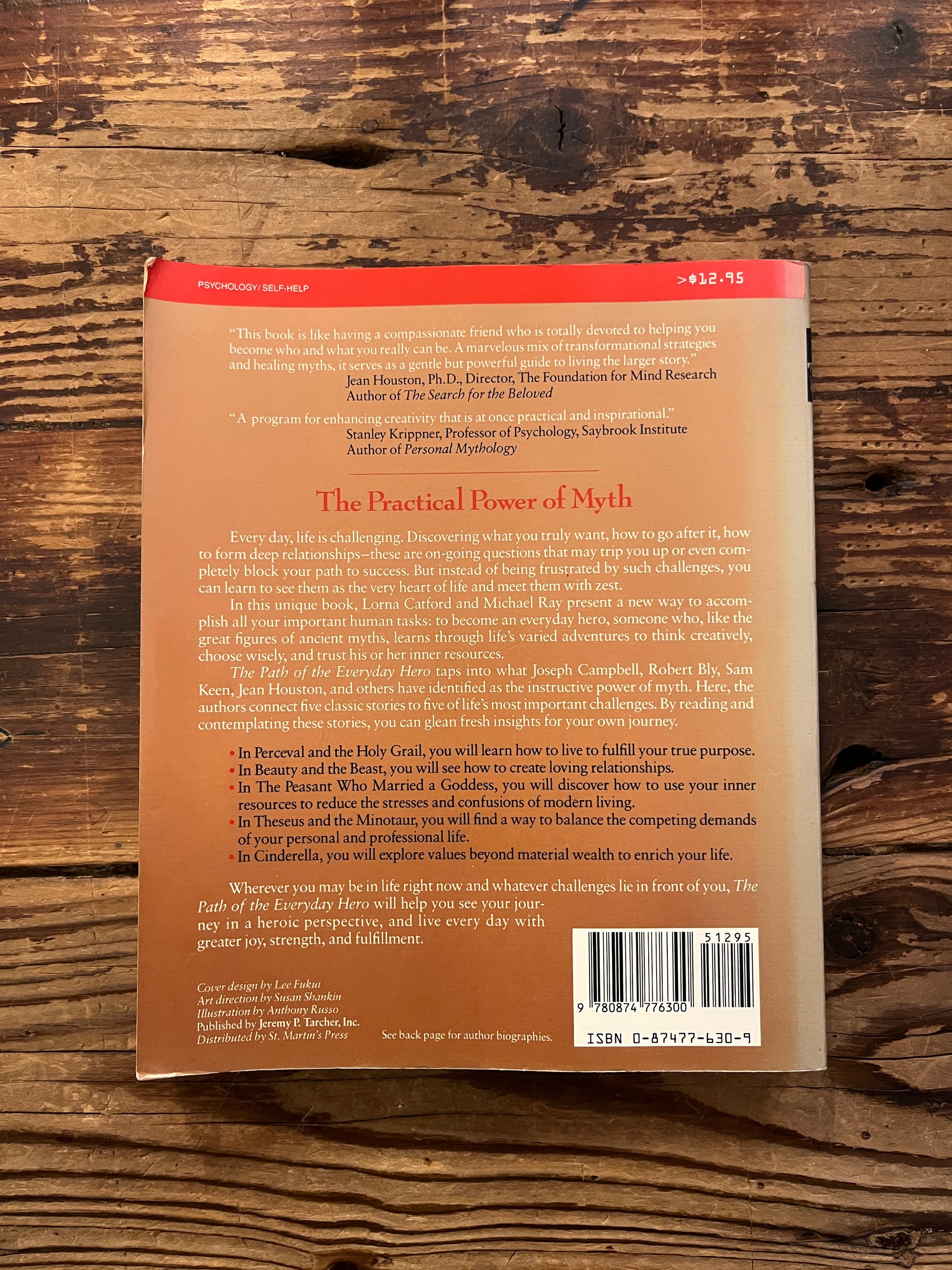 Backcover of book titled 'The Path of the Everyday Hero' on a wooden surface