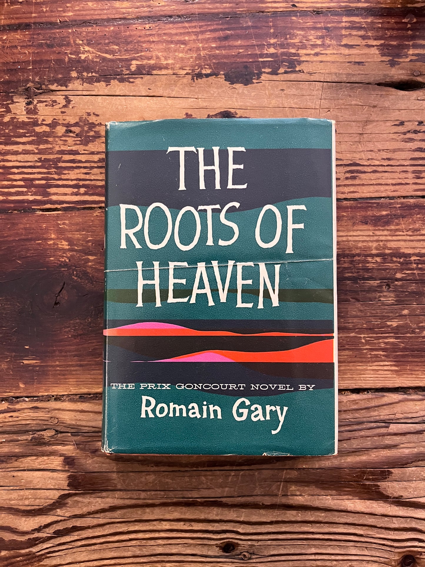Book titled 'The Roots of Heaven' by Romain Gary on a wooden surface