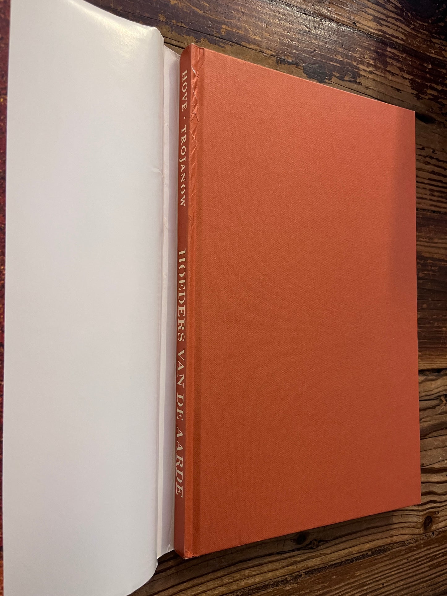 Boek met de titel 'Hoeders van de Aarde' door Chenjerai Hove en Ilija Trojanow op een houten achtergrond 