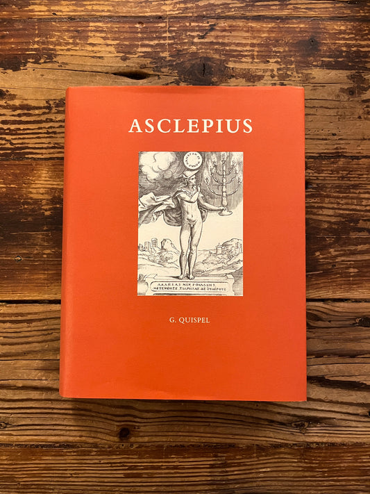 Voorkant van 'Asclepius' ingeleid, vertaald en toegelicht door G. Quispel op een houten achtergrond 