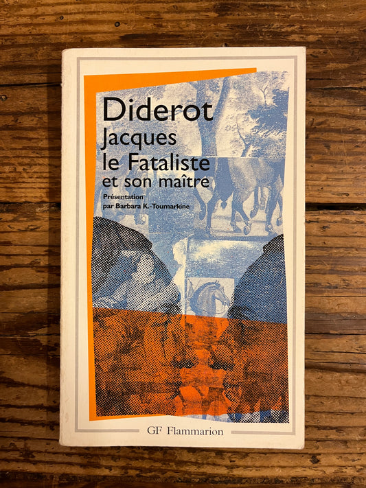 couverture du livre "jacques le fataliste et son maitre" sur fond de bois