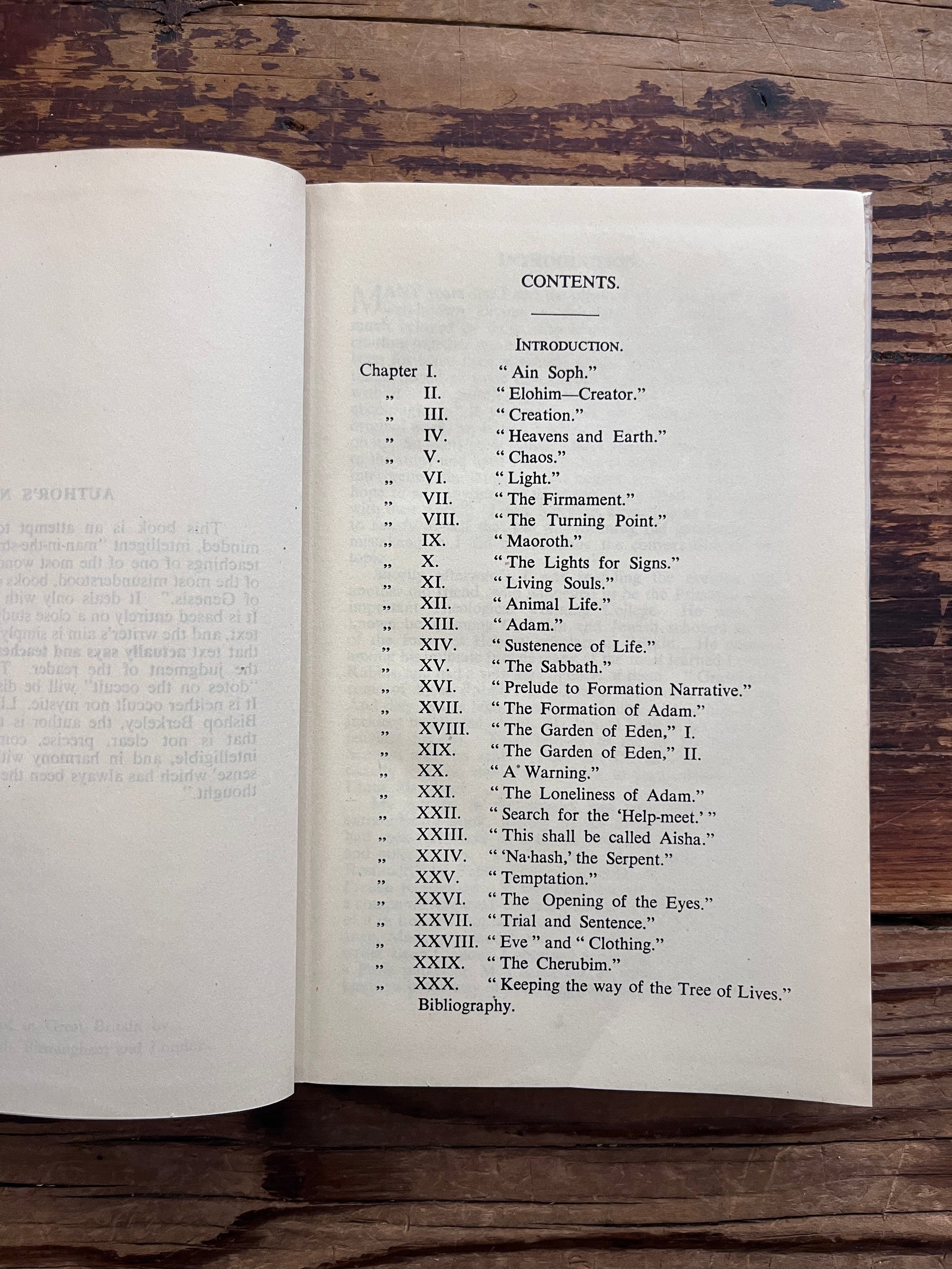 Contents of book titled 'Ain Soph The Unknown God' by F. J. Mayers on a wooden surface