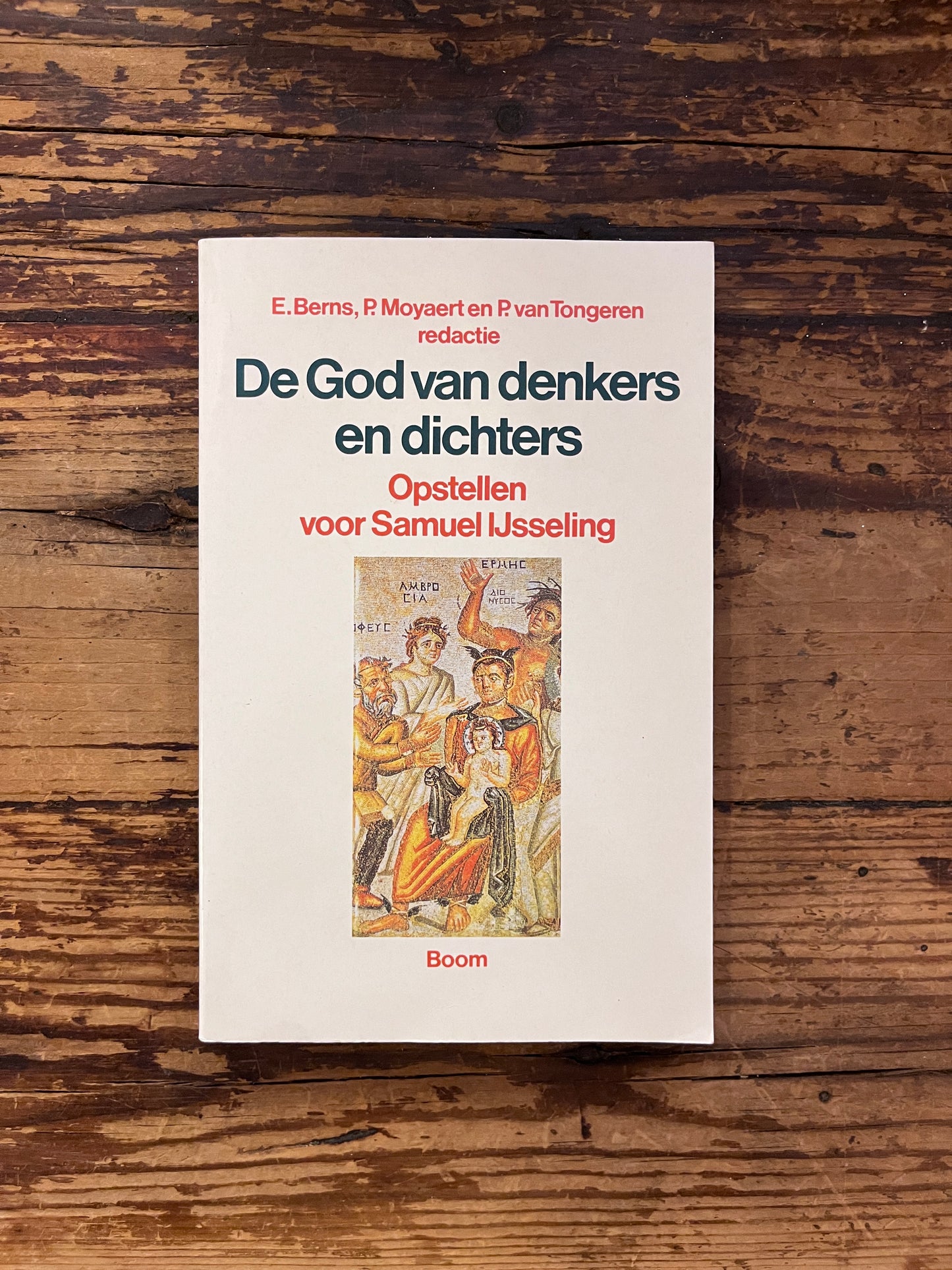 foto van de cover van "de god van denkers en dichters" op een houte achtergrond