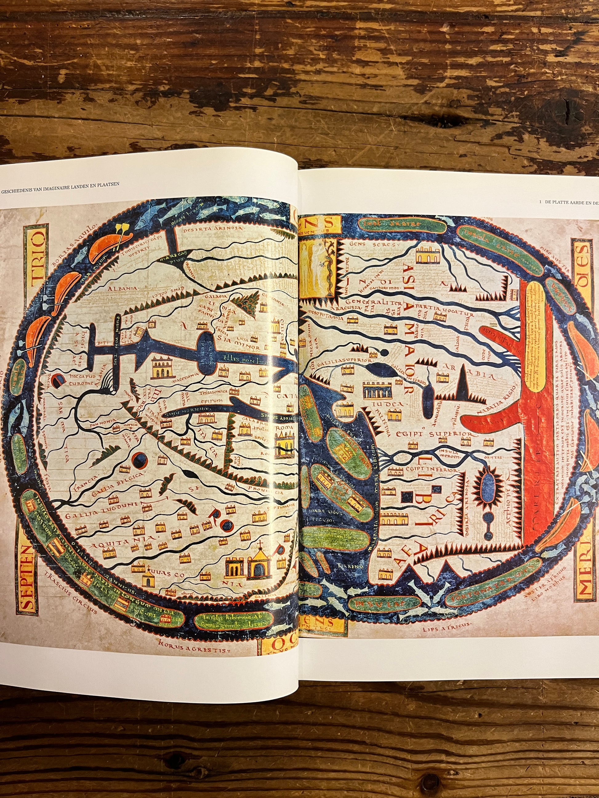 open boek met de titel 'De Geschiedenis Van Imaginaire Landen En Plaatsen' door Umberto Eco op een houten achtergrond 