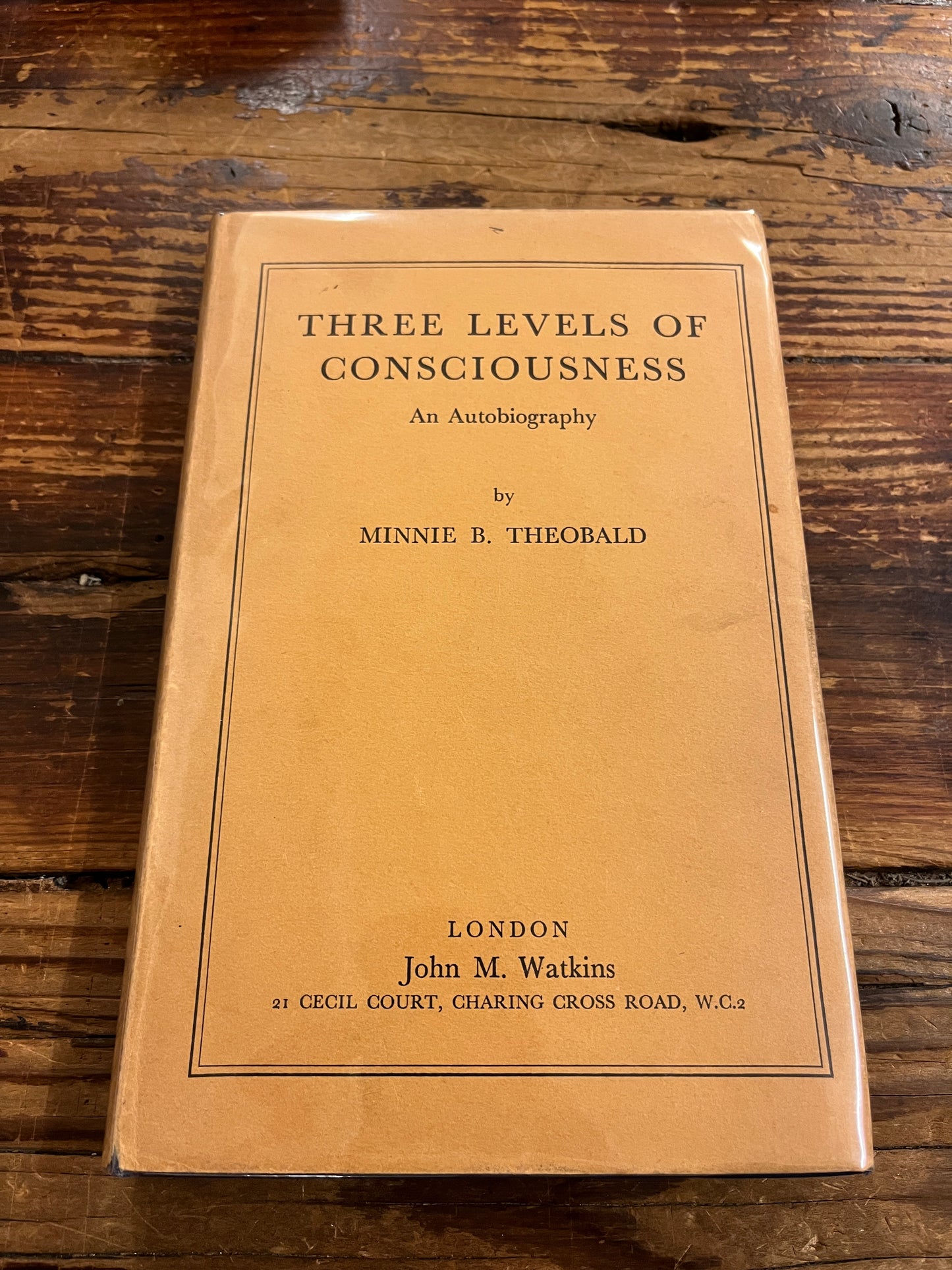 Cover of book 'three levels of consciousness' by Minnie B. Theobald on a wooden surface 