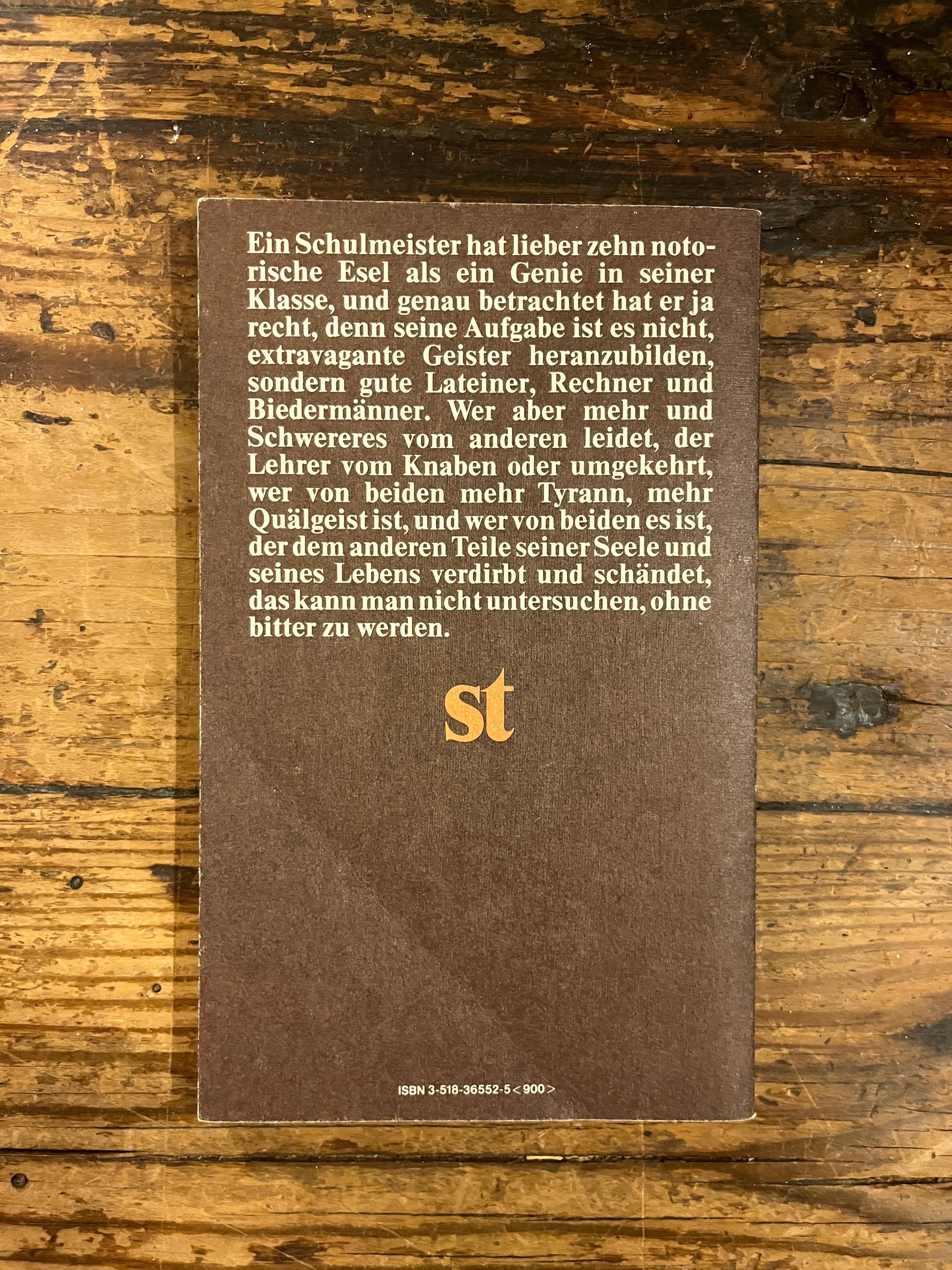 photo of the backcover of the book "Unterm Rad" on a wooden background
