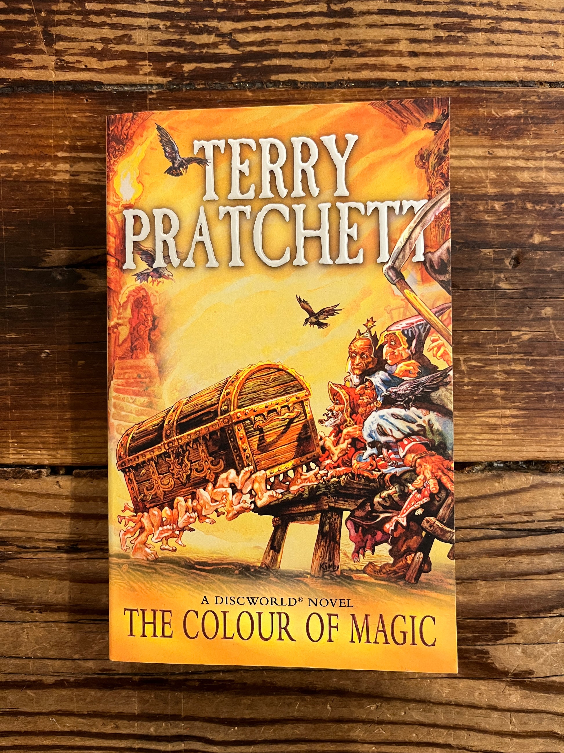 Front cover of book titled 'The Colour of Magic' by Terry Pratchett on a wooden surface